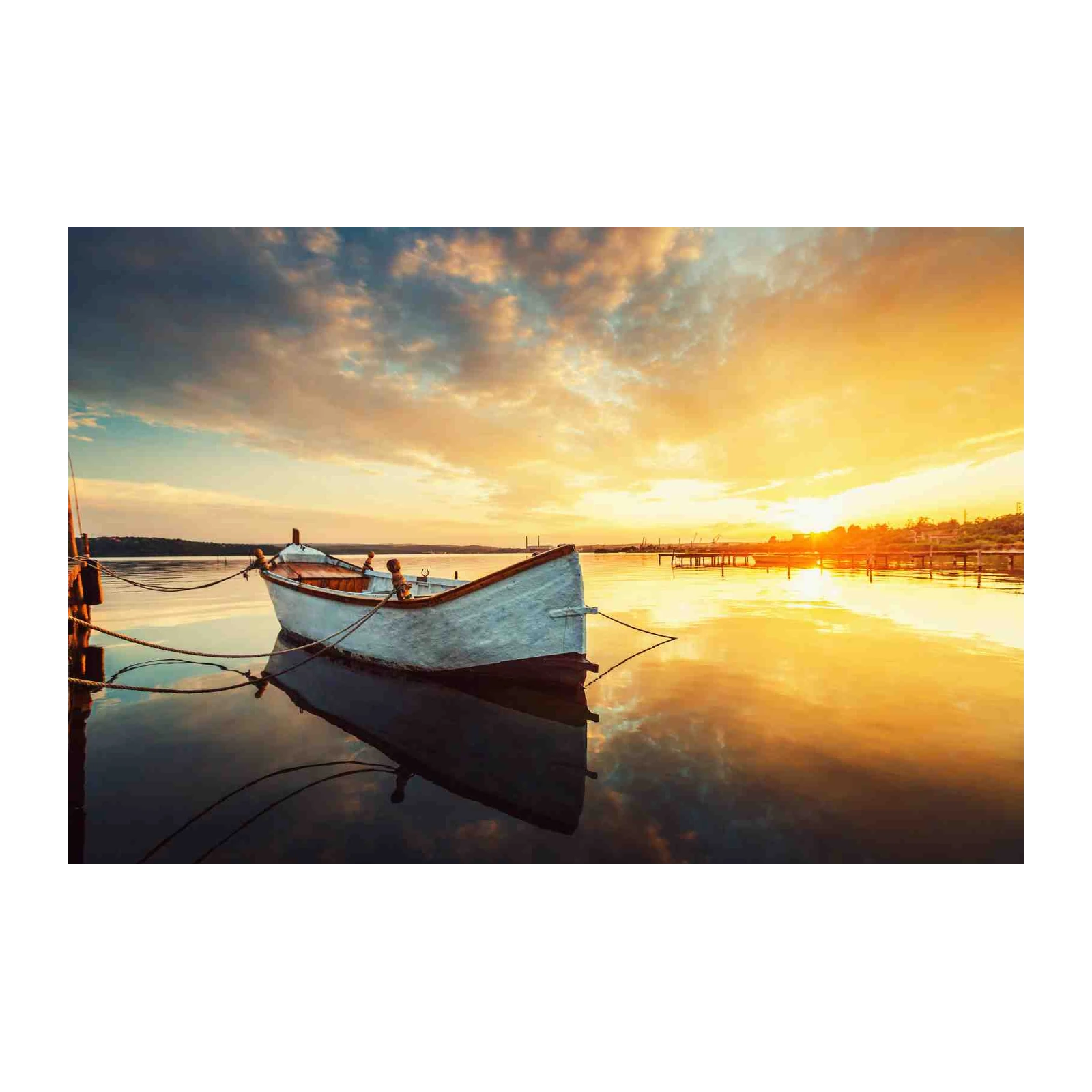Serene Sunset Boat Tranquil Lake Wall Art