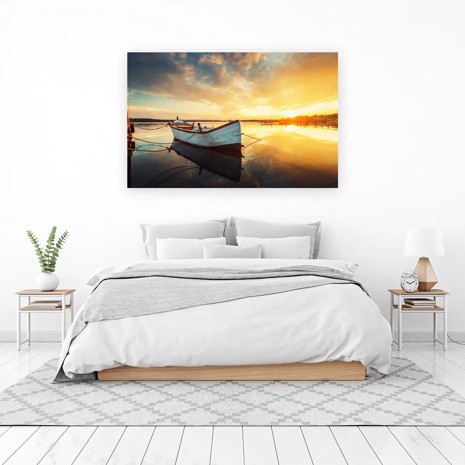 Serene Sunset Boat Tranquil Lake Wall Art