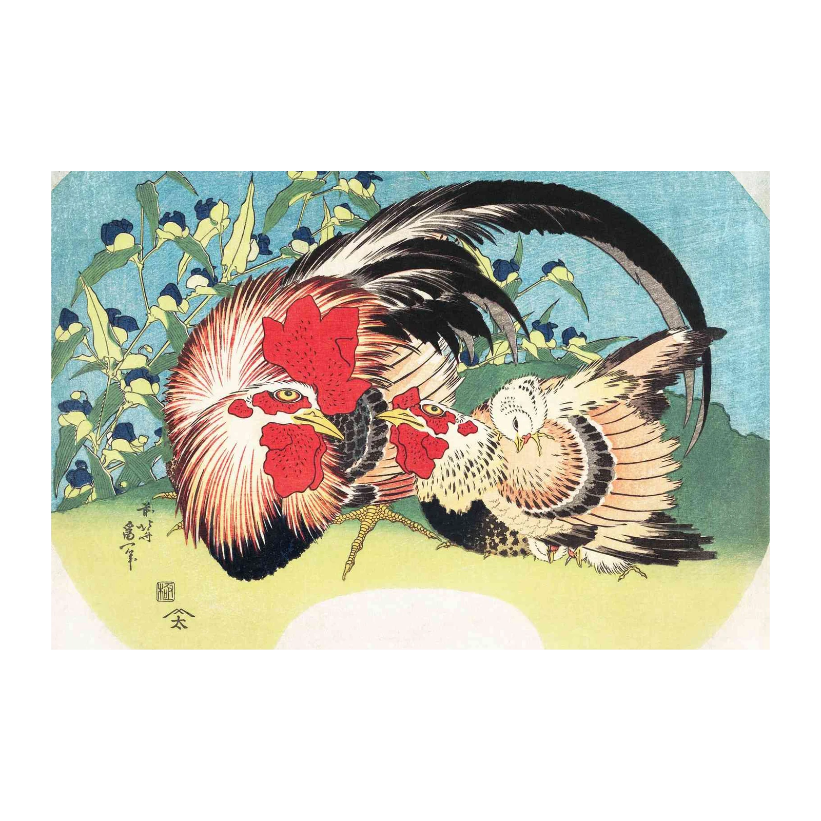 Rooster & Hen Floral Wall Art | Japanese Art