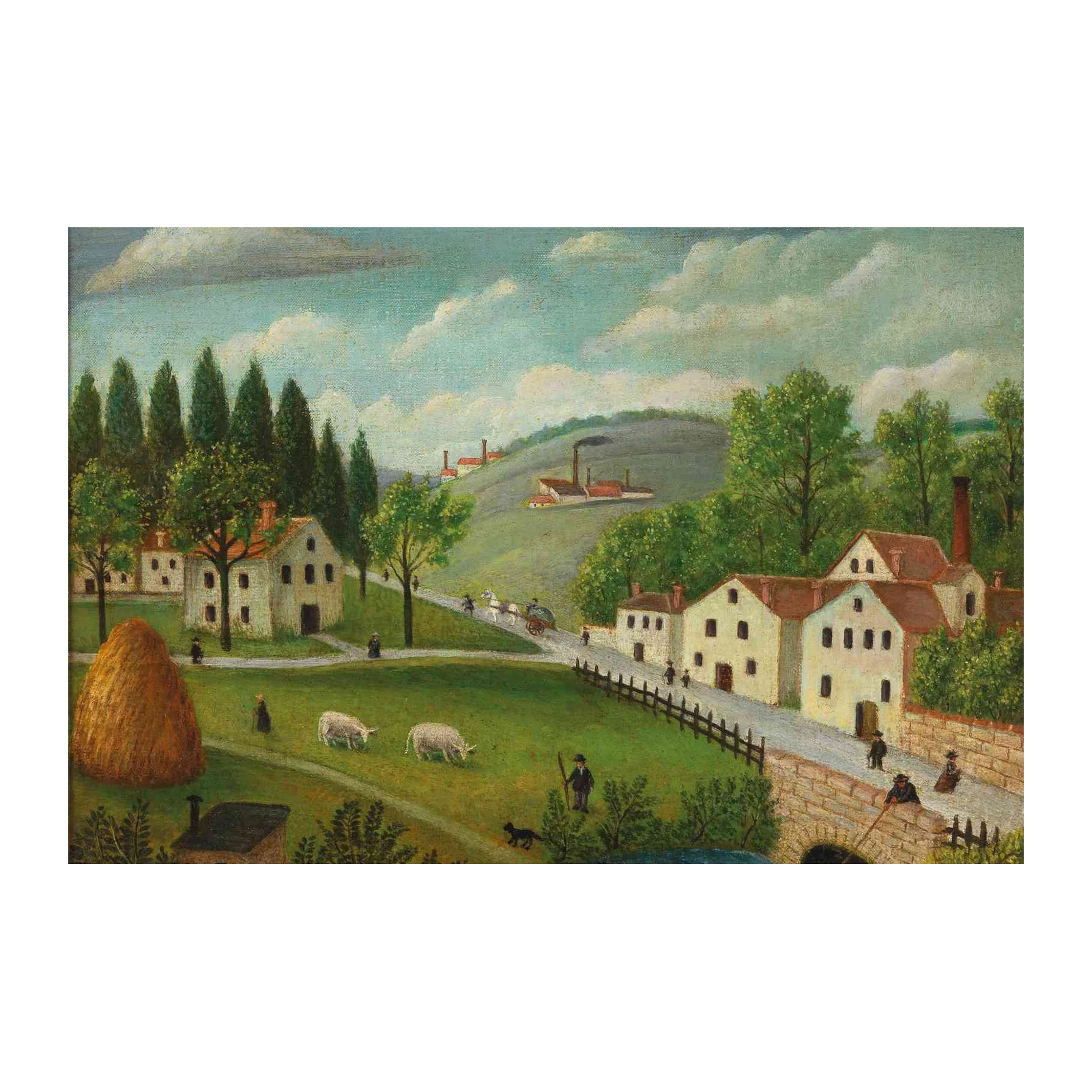 Pastoral Village Landscape American Folk Art Wall Art