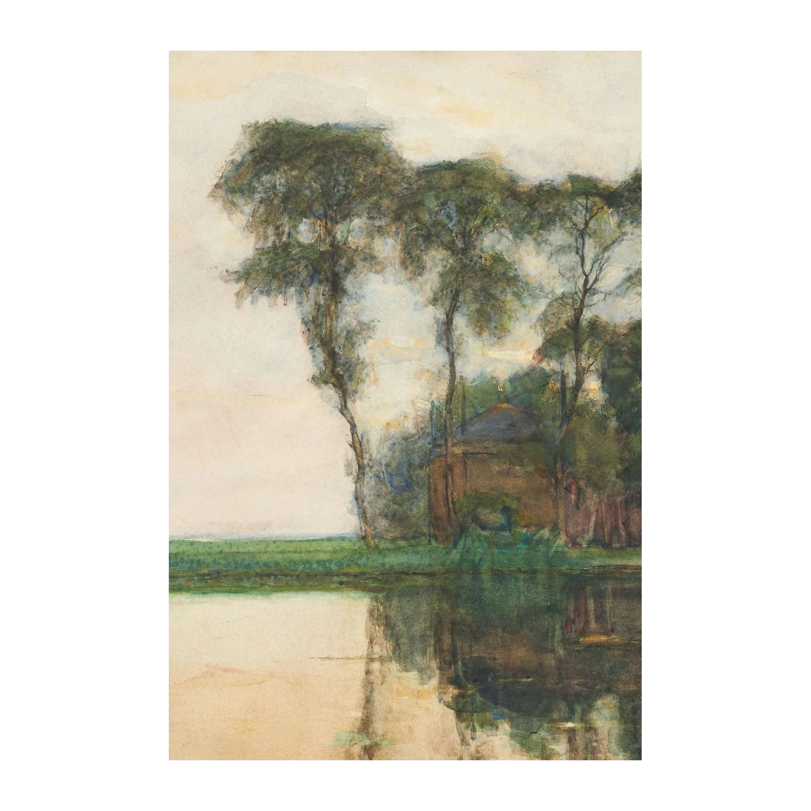 Tranquil Lakeside Trees Watercolor Wall Art