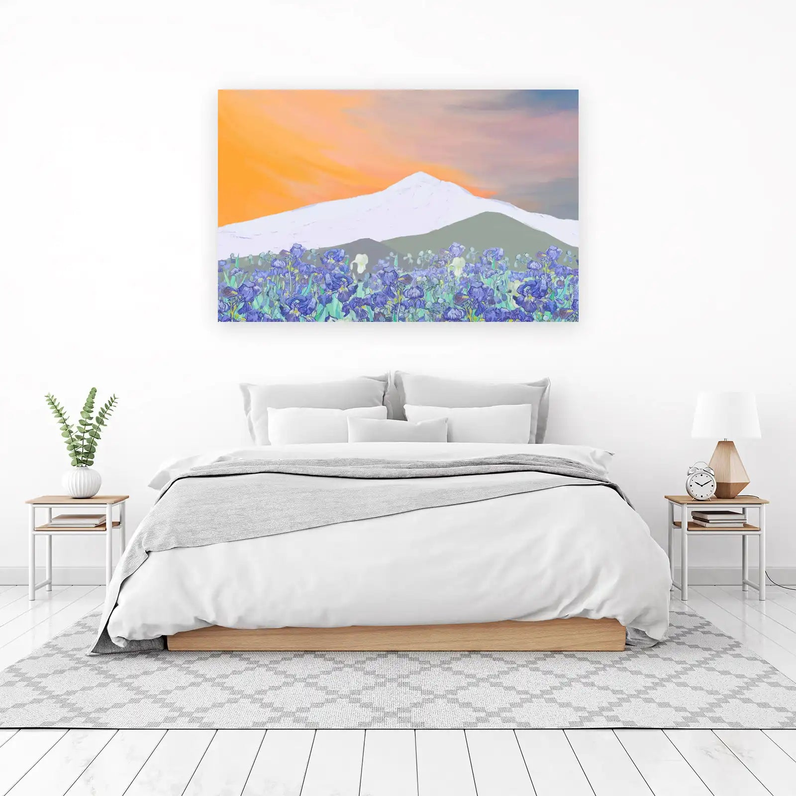 Vibrant Iris Field Mountain Sunset Wall Art