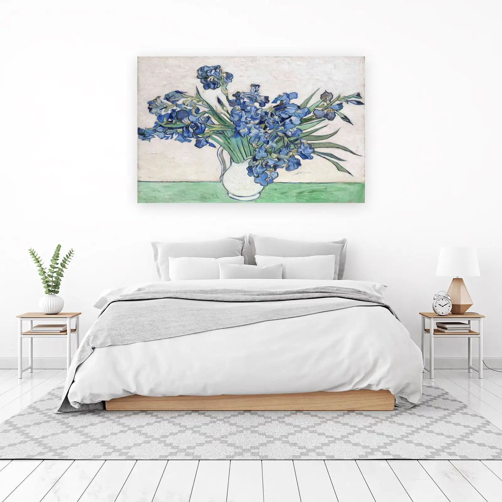 Vibrant Blue Irises in White Vase Wall Art