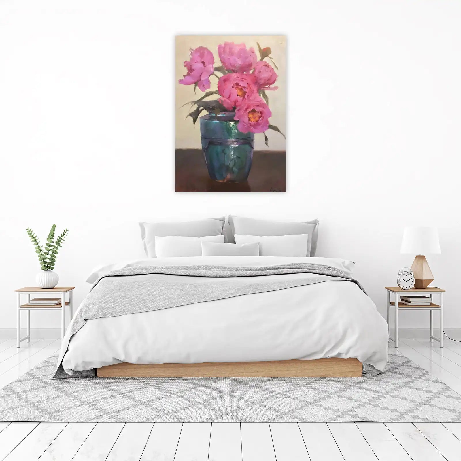 Vibrant Pink Peonies in Teal Vase Wall Art