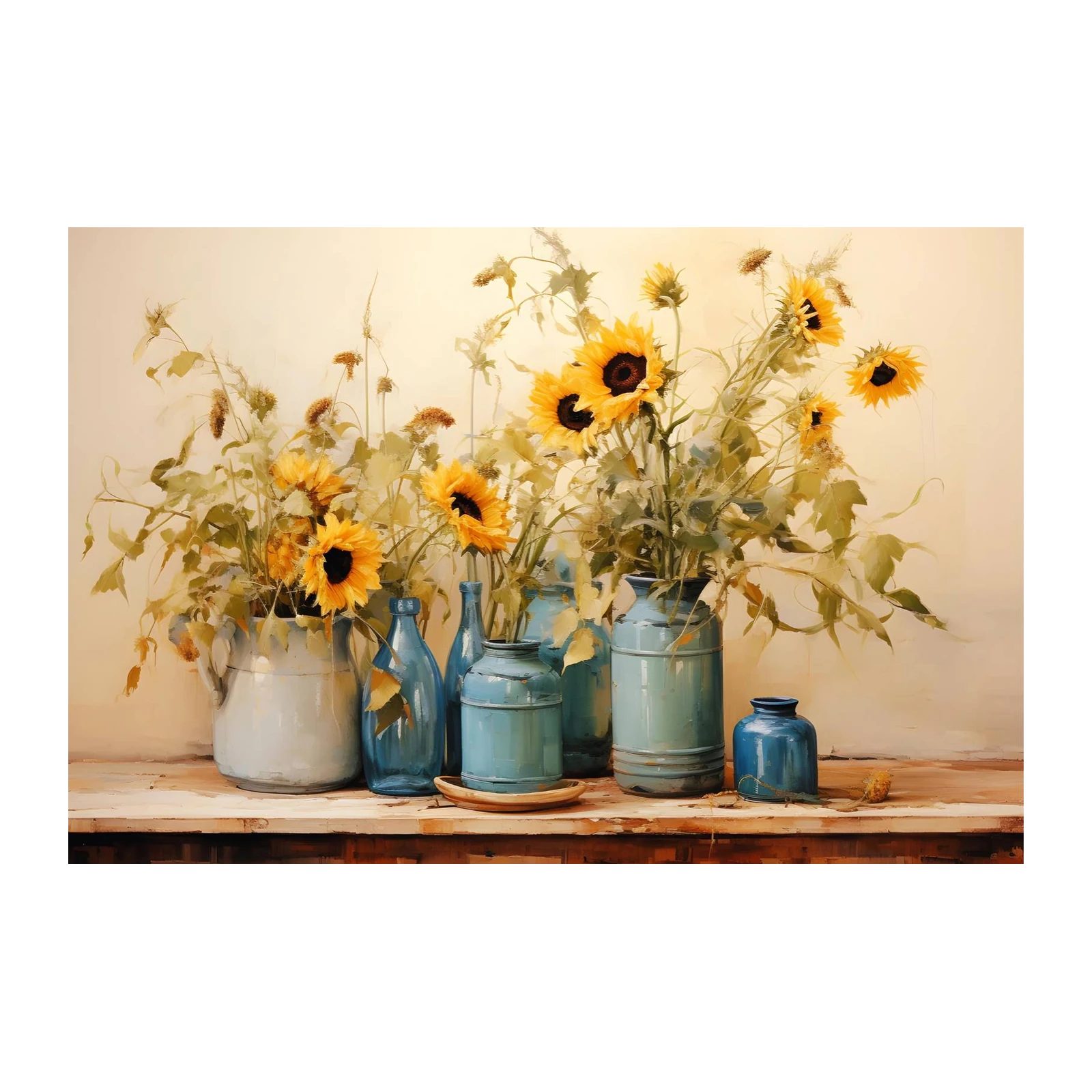 Vibrant Sunflowers in Blue Vases Wall Art