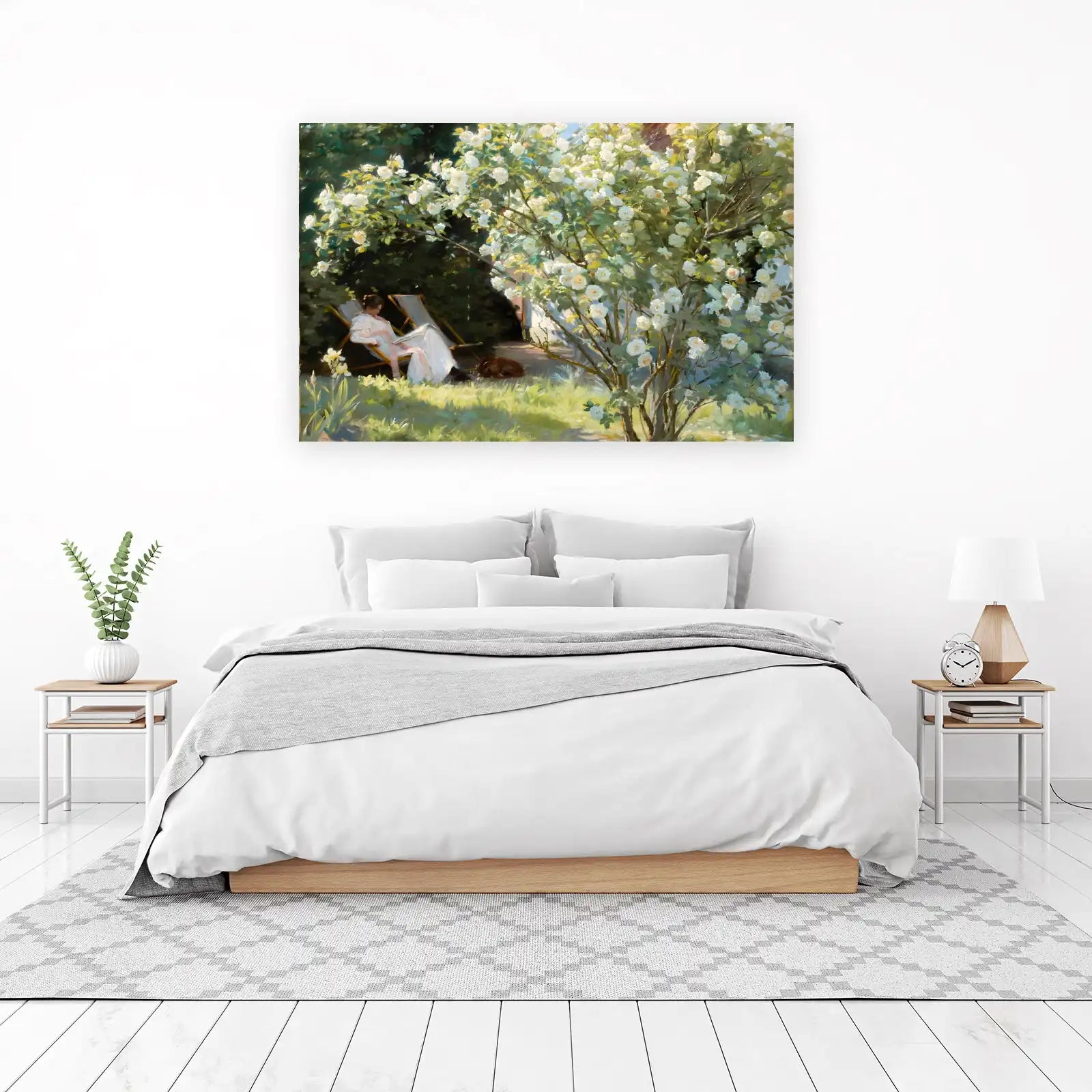 Serene Garden Scene with White Roses Wall Art