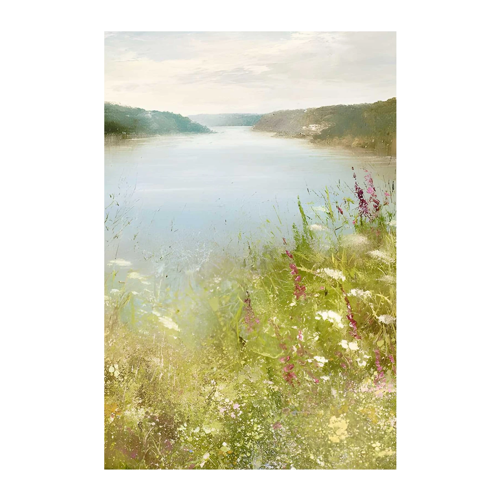 Serene Lake Meadow Floral Landscape Wall Art