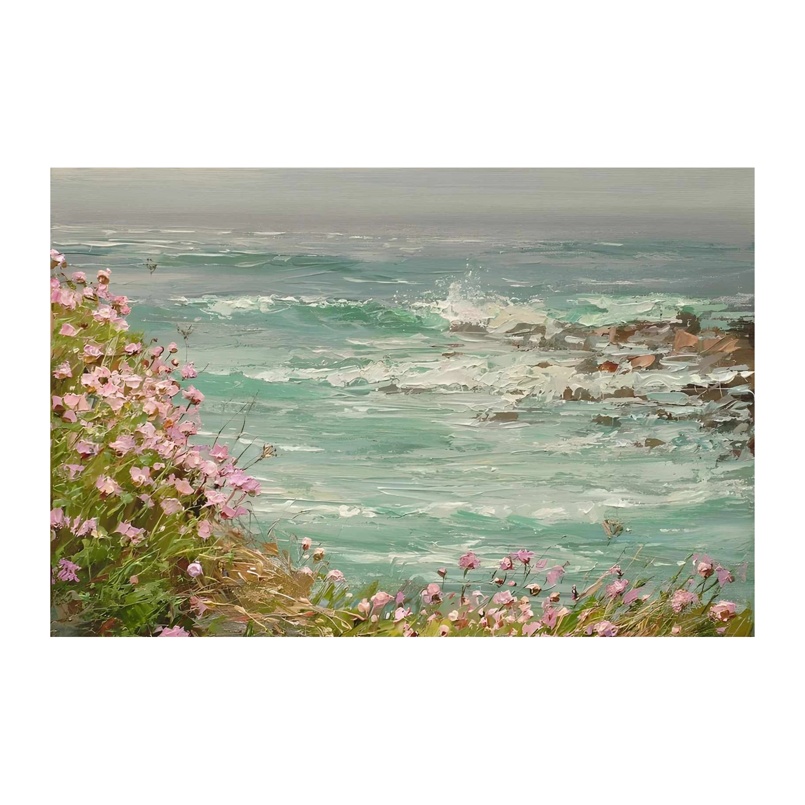 Coastal Wildflowers & Waves Oil Painting Wall Art