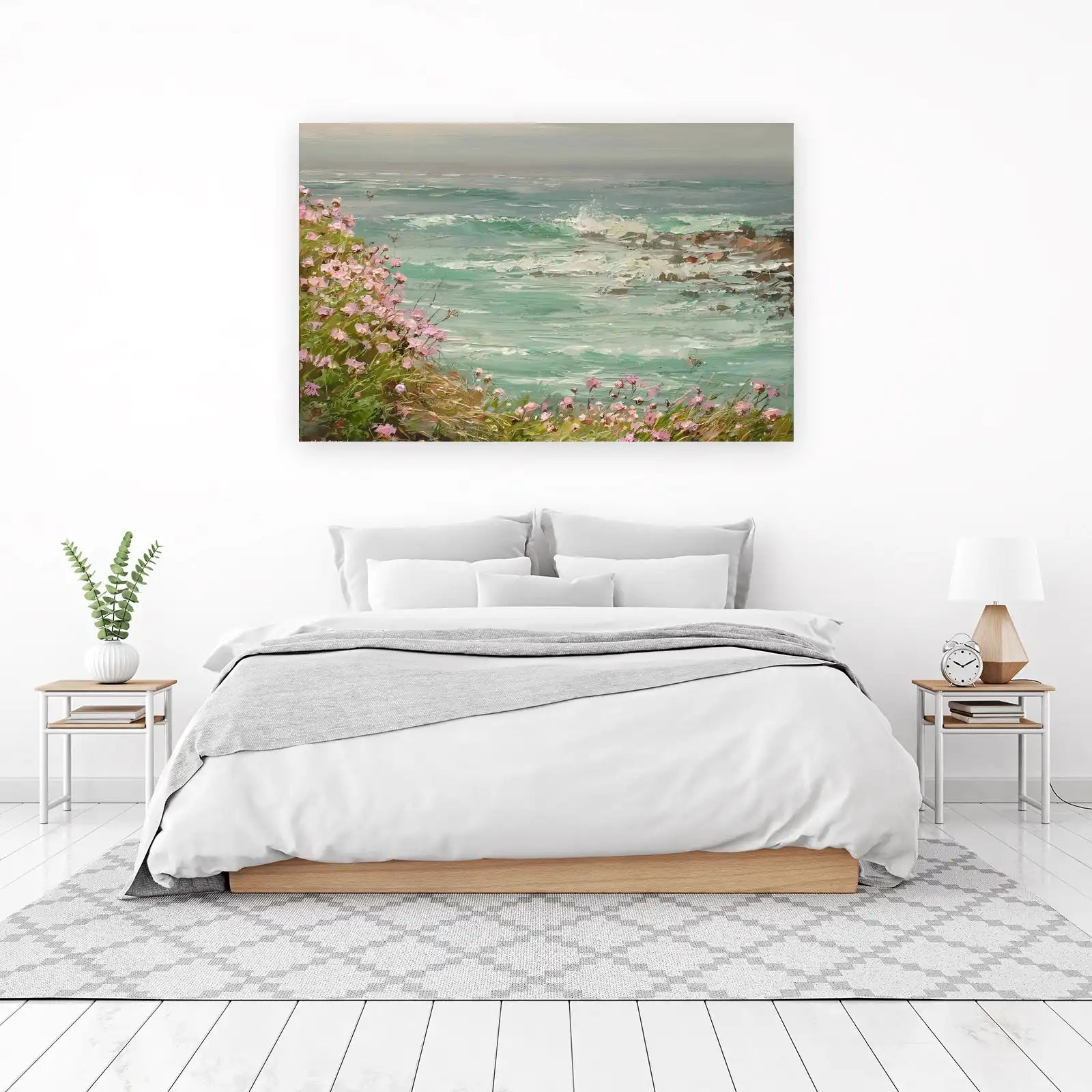 Coastal Wildflowers & Waves Oil Painting Wall Art