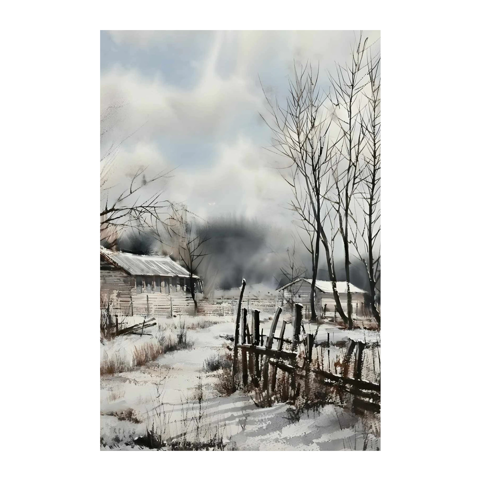Winter Farmhouse Serenity Watercolor Wall Art