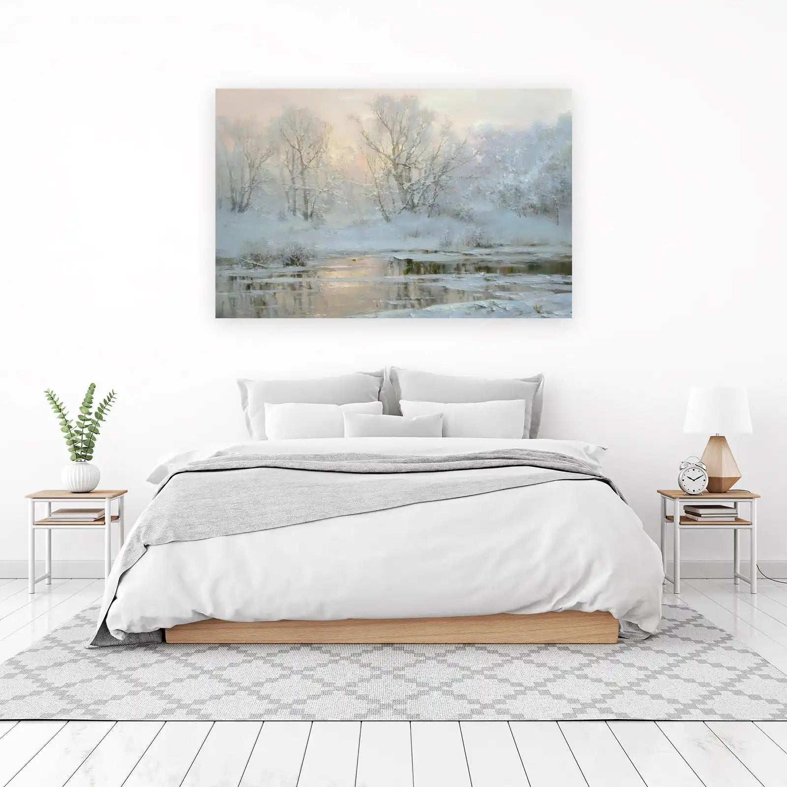 Serene Winter River Landscape Oil Painting Wall Art