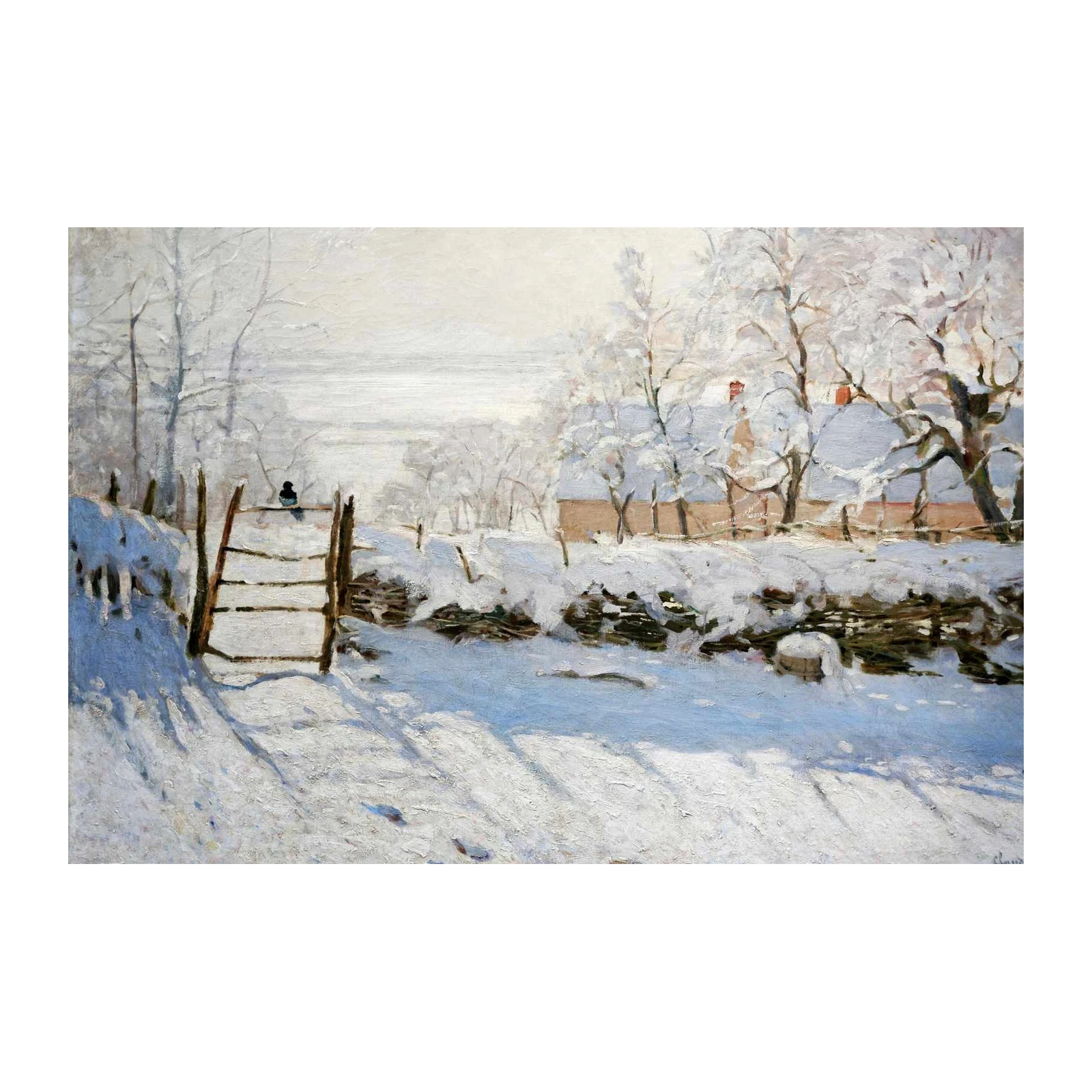 Serene Winter Snow Scene Bird Fence Wall Art