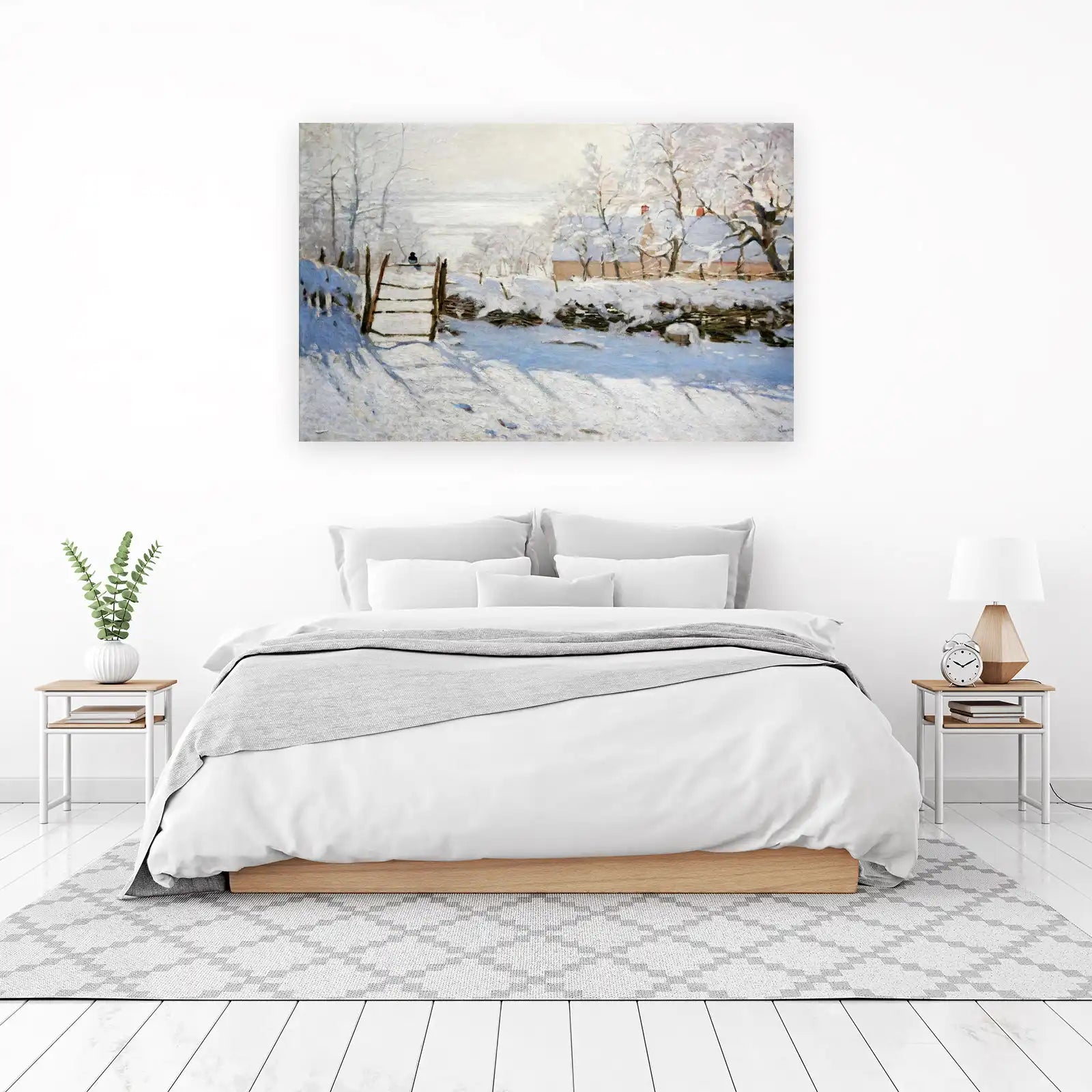 Serene Winter Snow Scene Bird Fence Wall Art