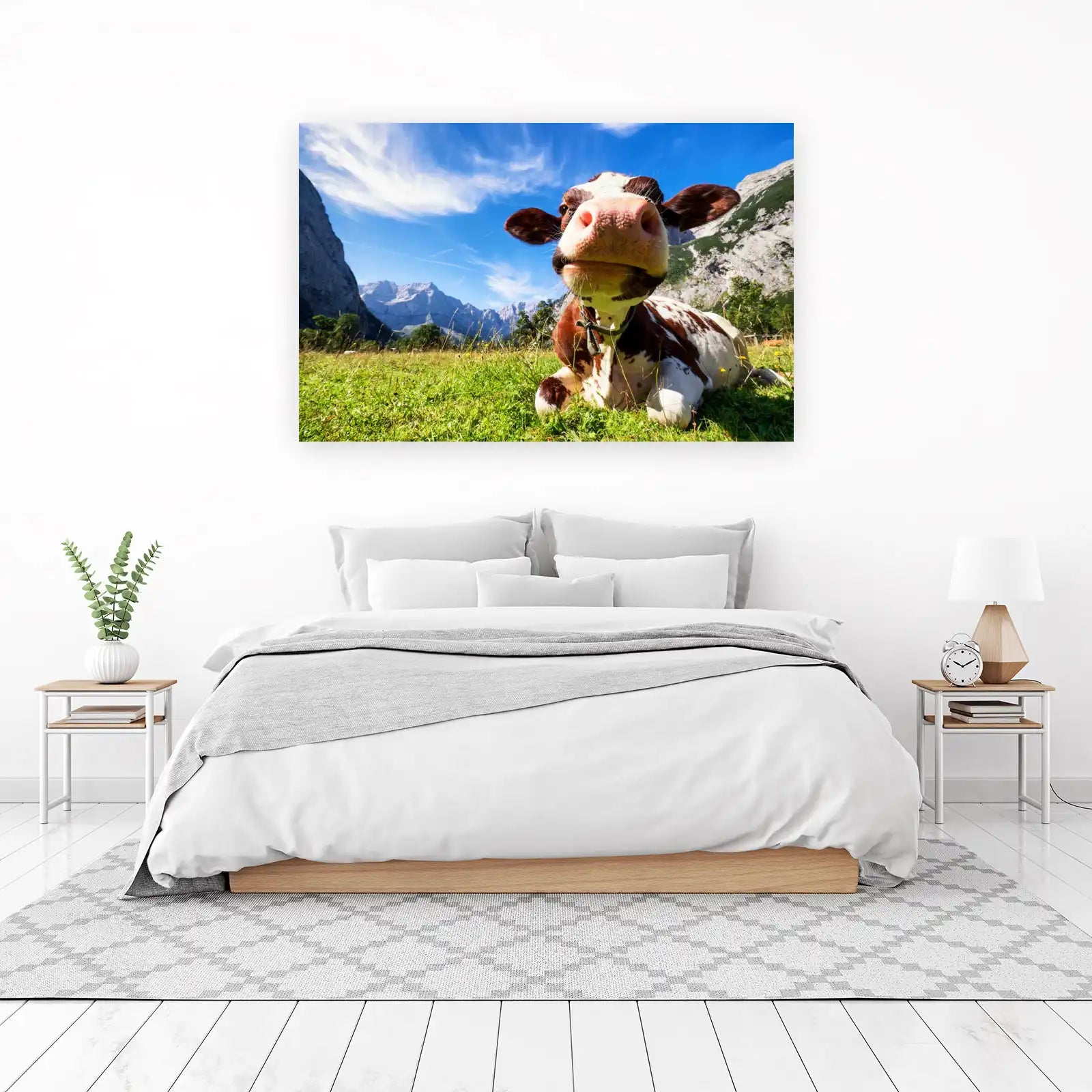 Whimsical Cow Portrait Alpine Meadow Wall Art