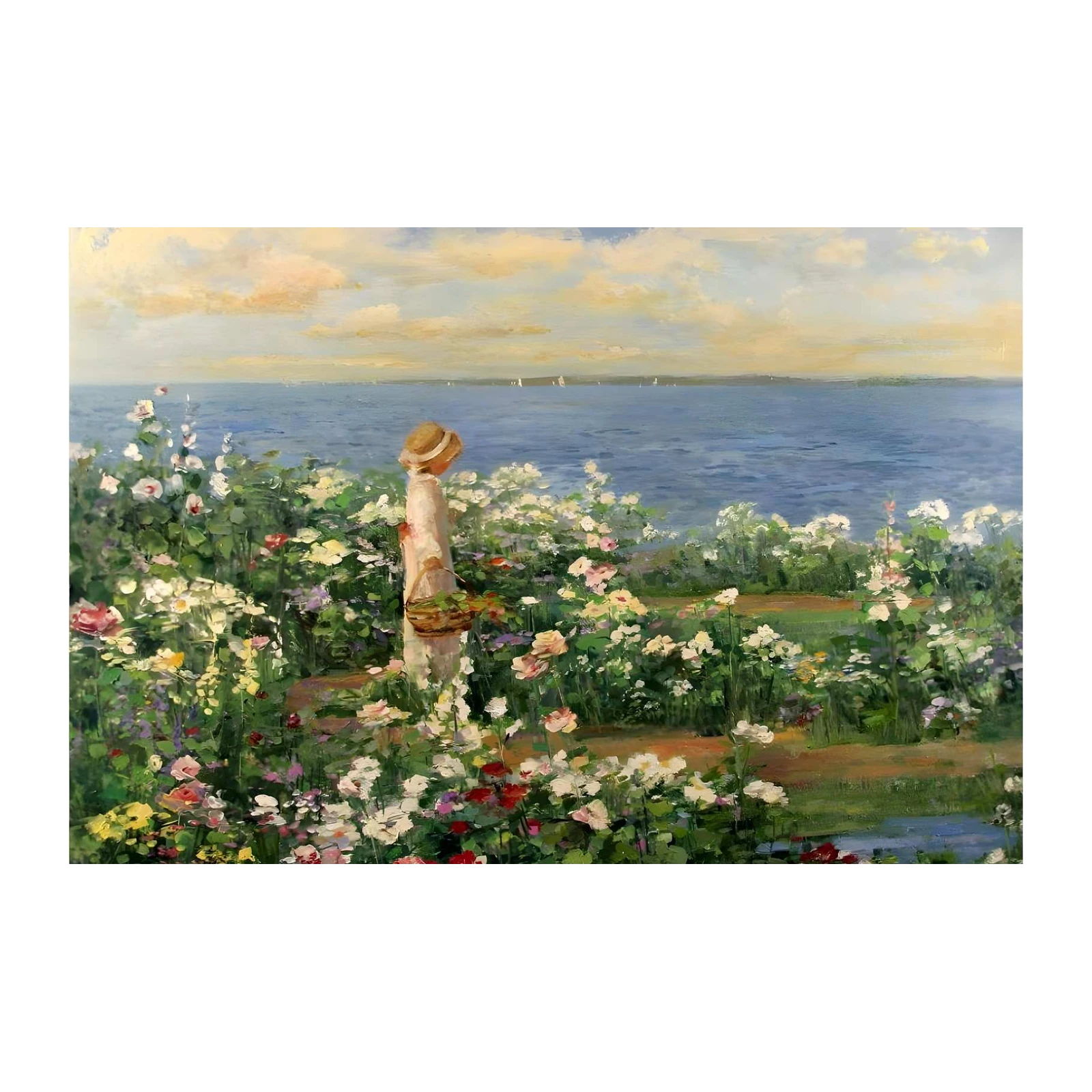 Serene Garden Vista Girl & Sea Wall Art