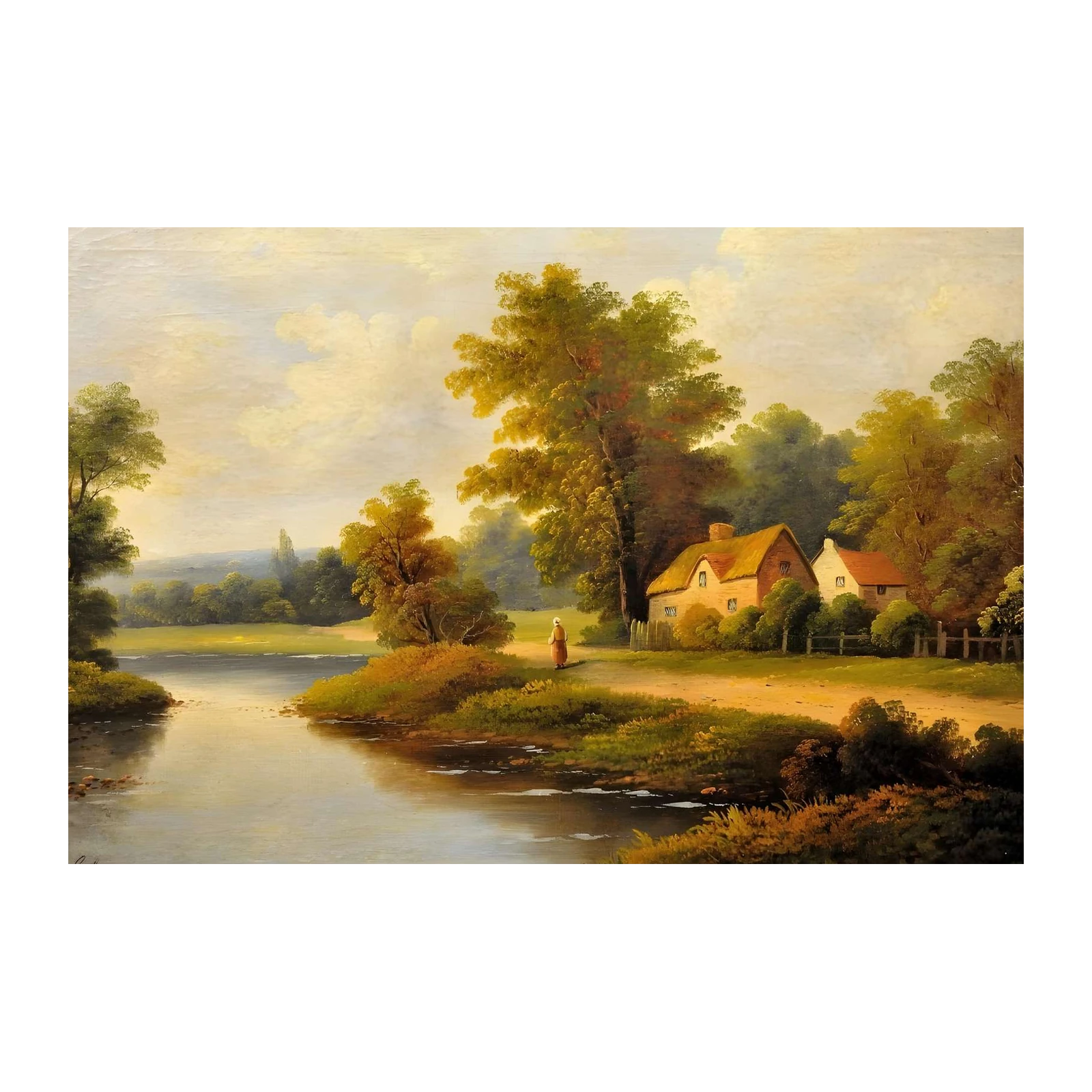 Tranquil Riverside Cottage Landscape Wall Art