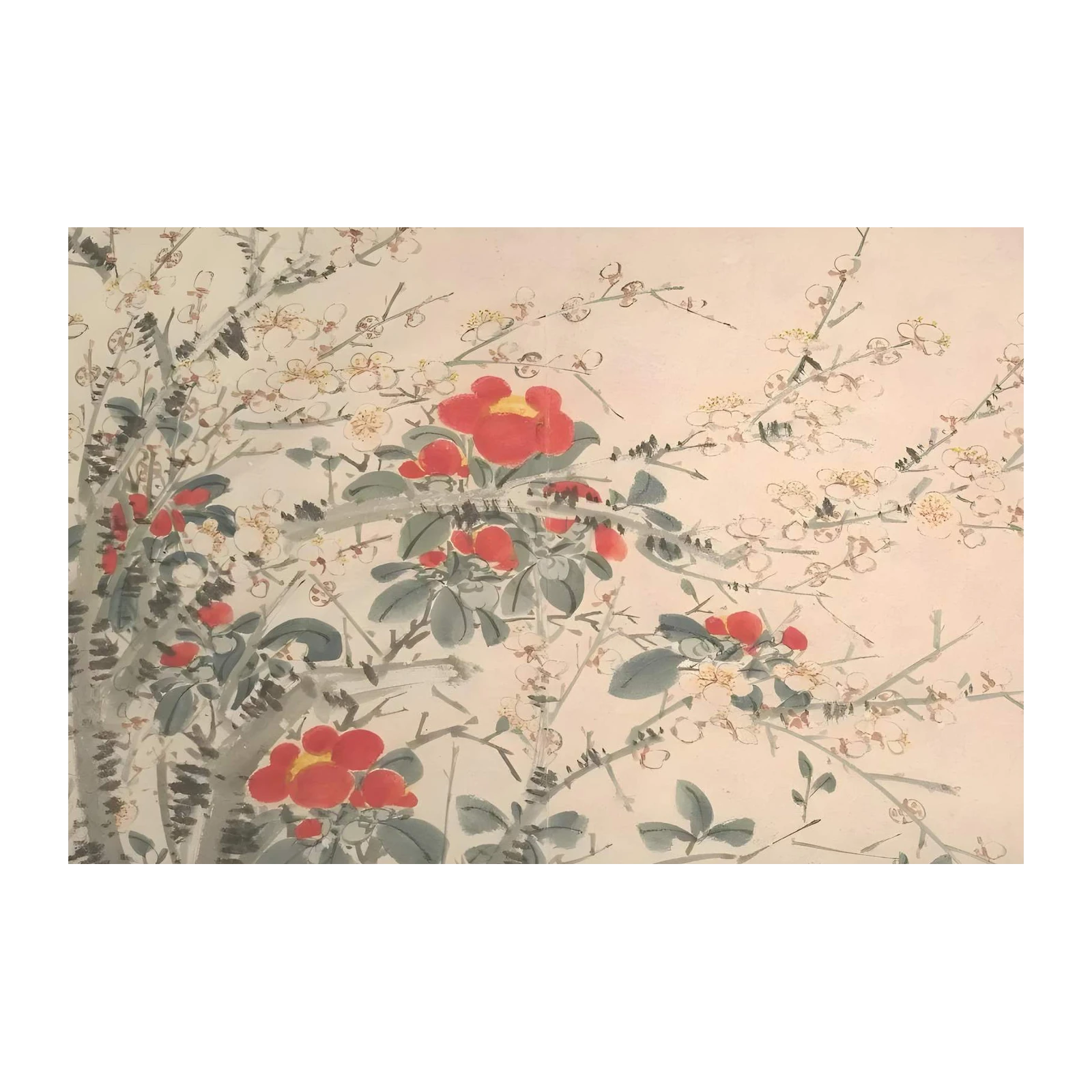 Vibrant Red Camellia & Plum Blossom Wall Art