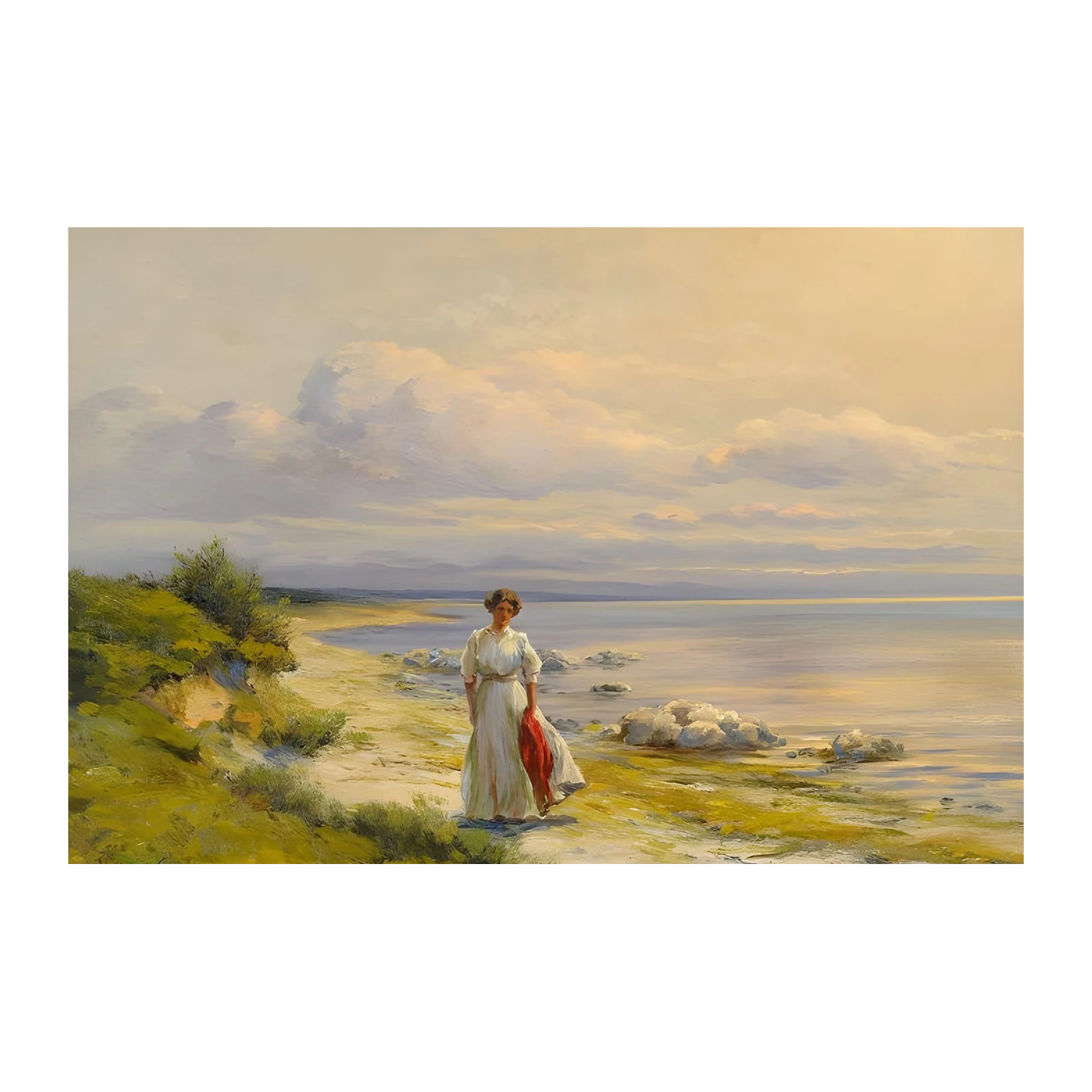 Serene Coastal Walk Vintage Woman Wall Art