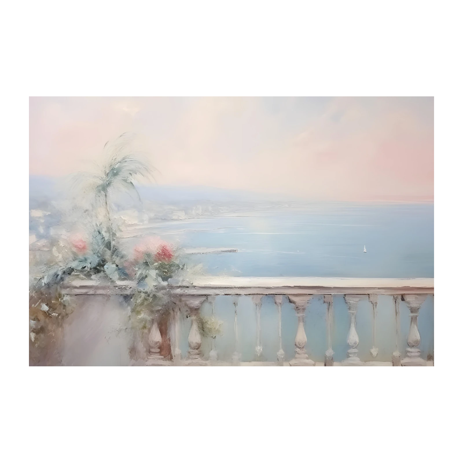 Serene Coastal Balcony Oil Painting Wall Art