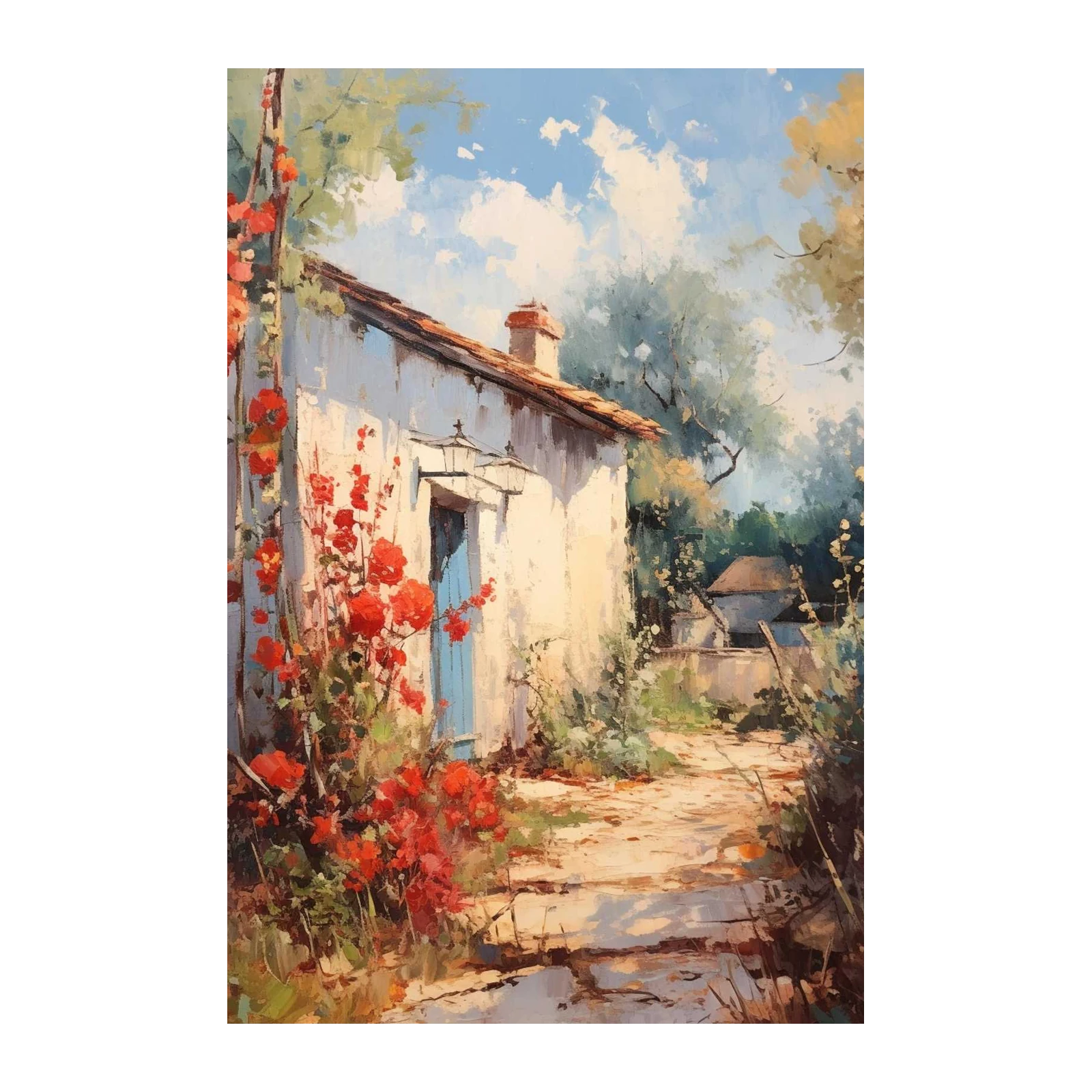 Vibrant Cottage Pathway Oil Painting Wall Art