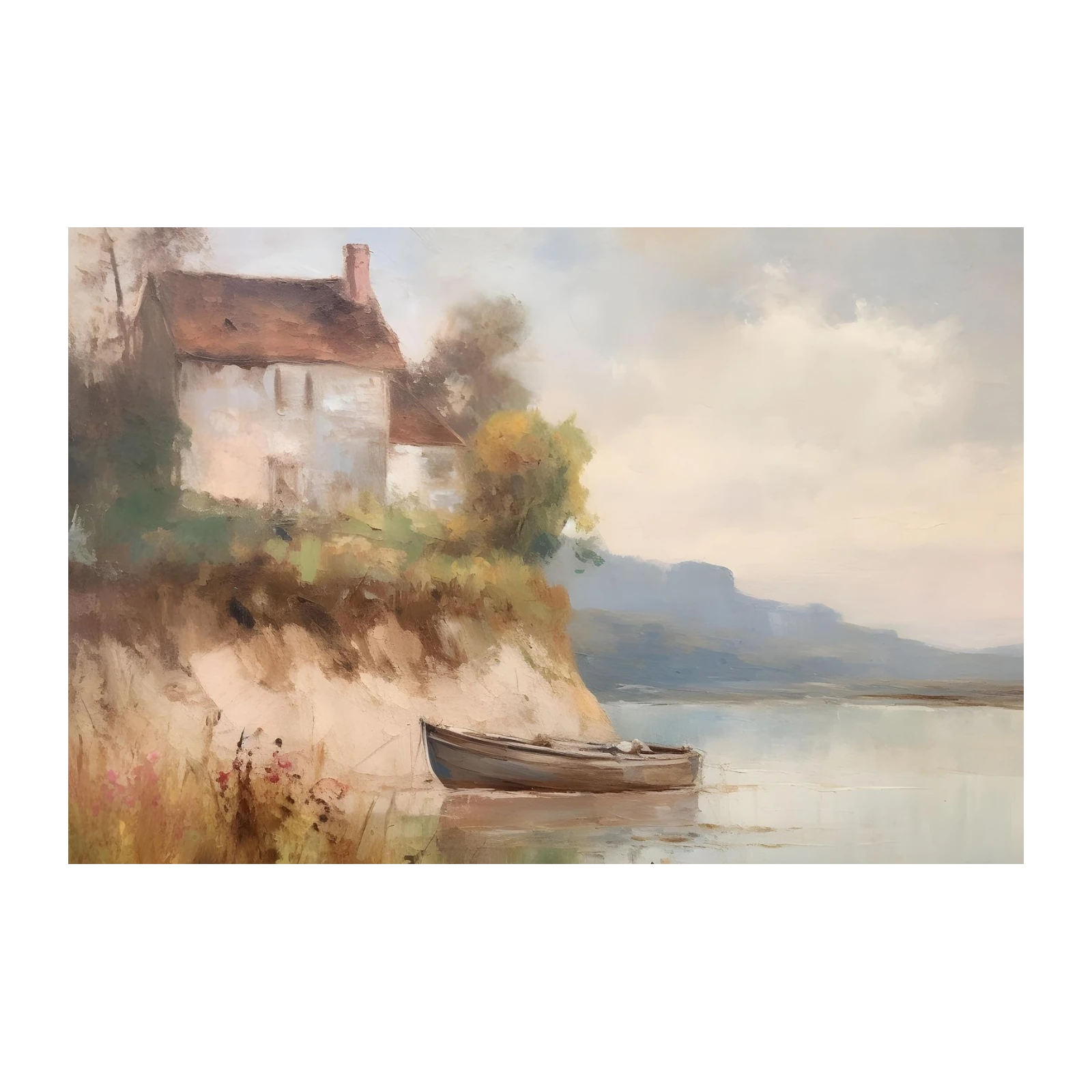 Serene Riverside Cottage & Boat Wall Art
