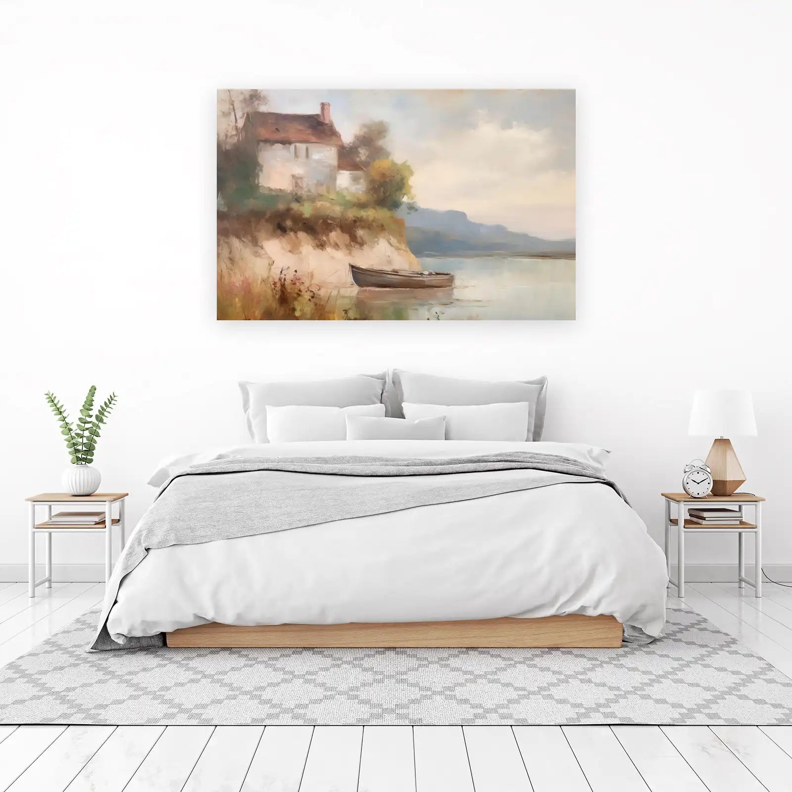 Serene Riverside Cottage & Boat Wall Art