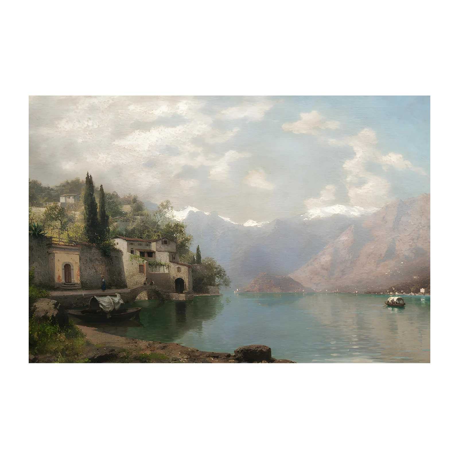Serene Lakeside Village Landscape Wall Art