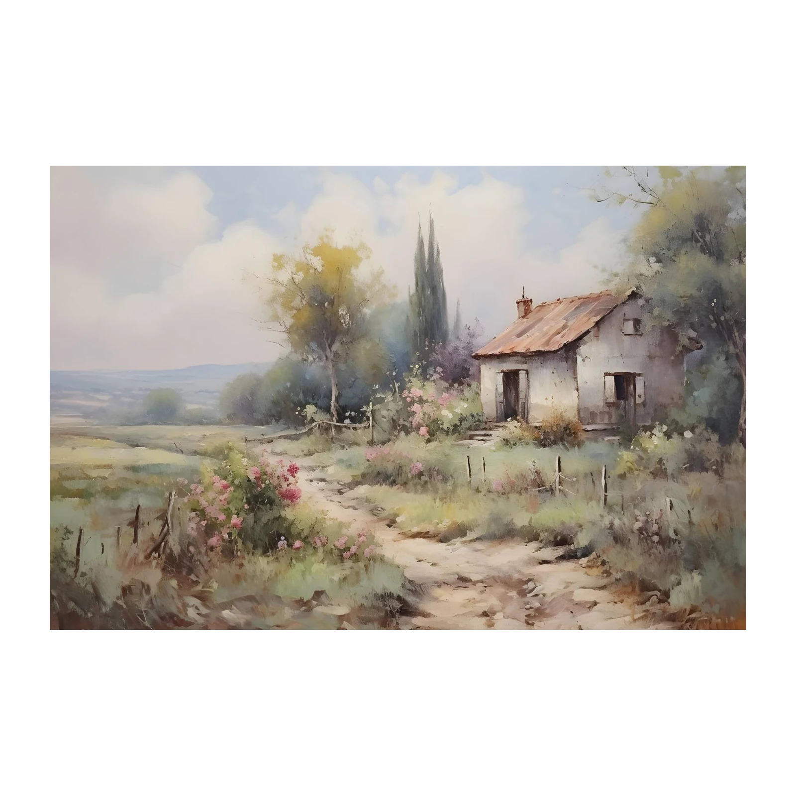 Serene Countryside Cottage Landscape Wall Art