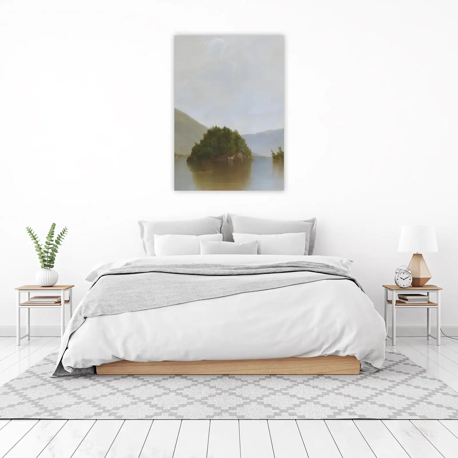 Serene Lake Island Canoe Landscape Wall Art