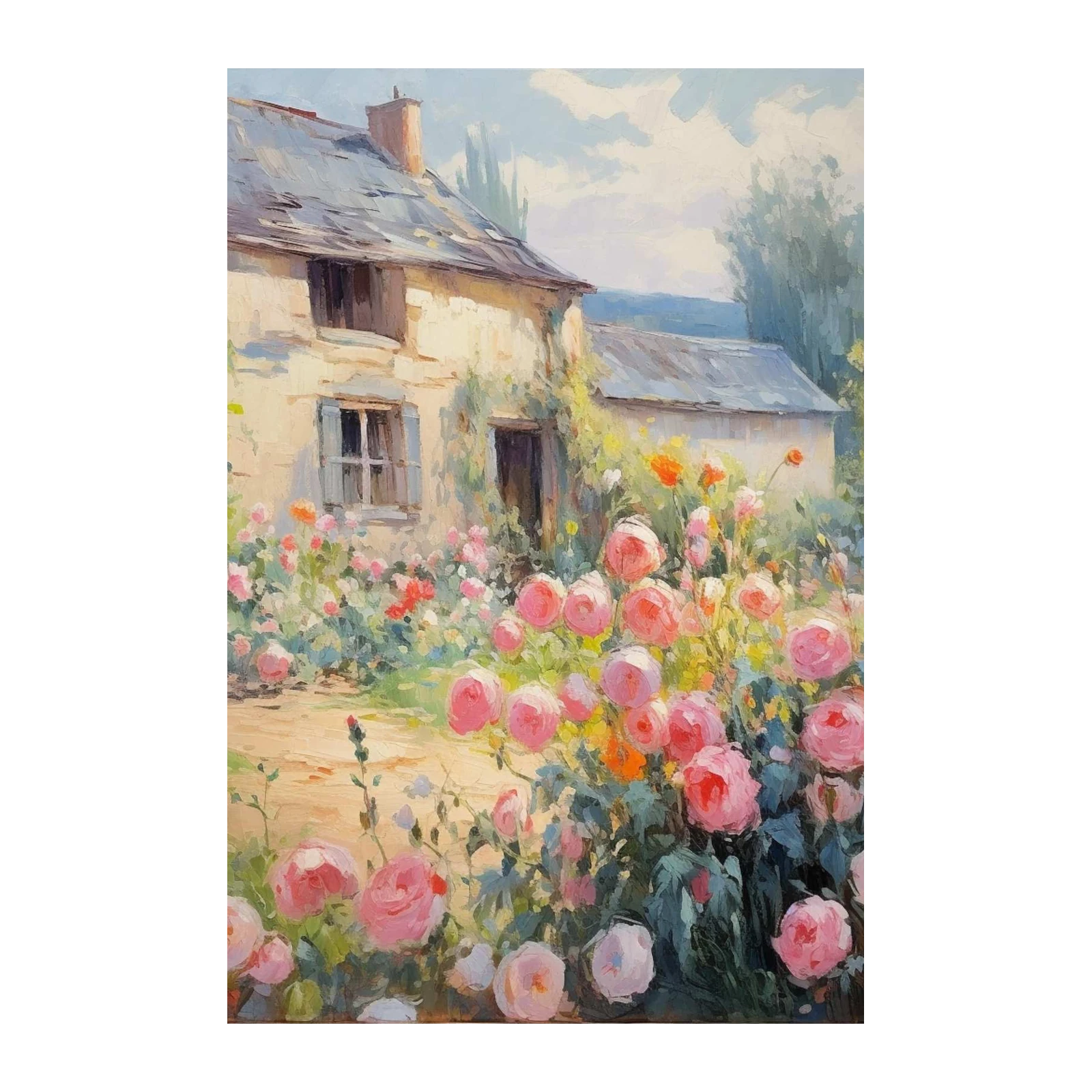 Romantic Rose Garden Cottage Oil Painting Wall Art