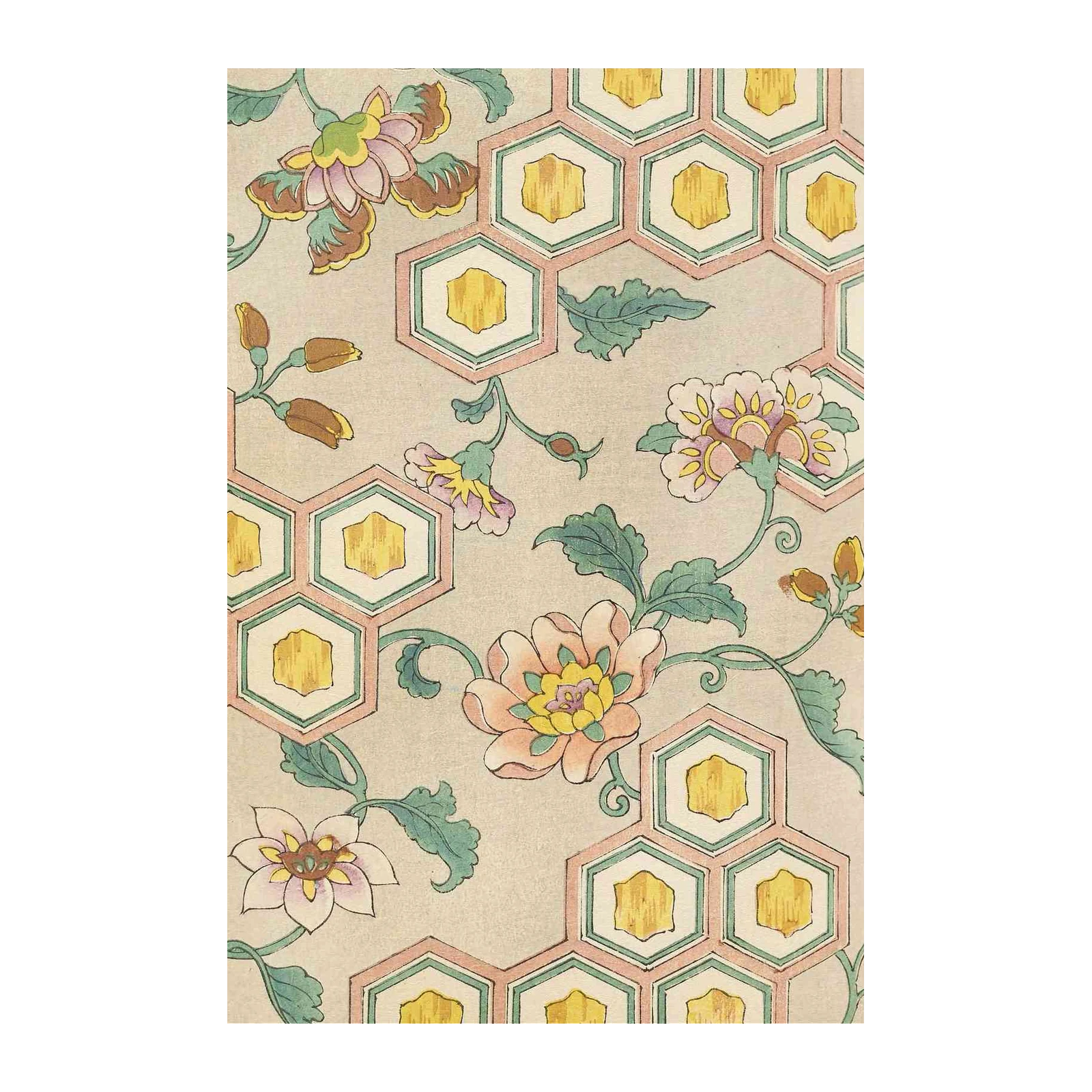 Vintage Floral Hexagon Botanical Art Wall Art