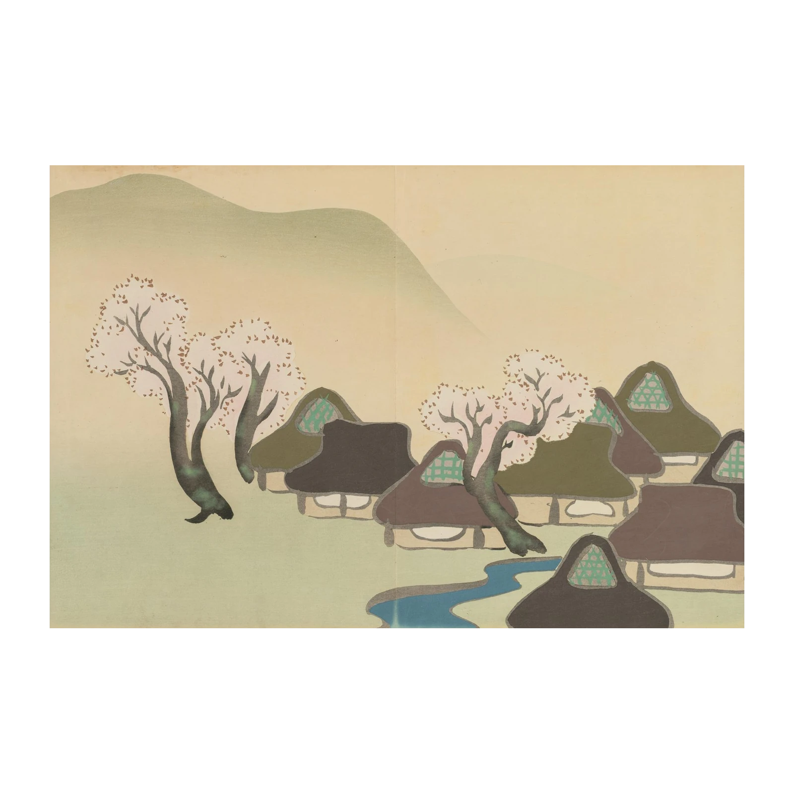 Serene Japanese Village Cherry Blossom Wall Art