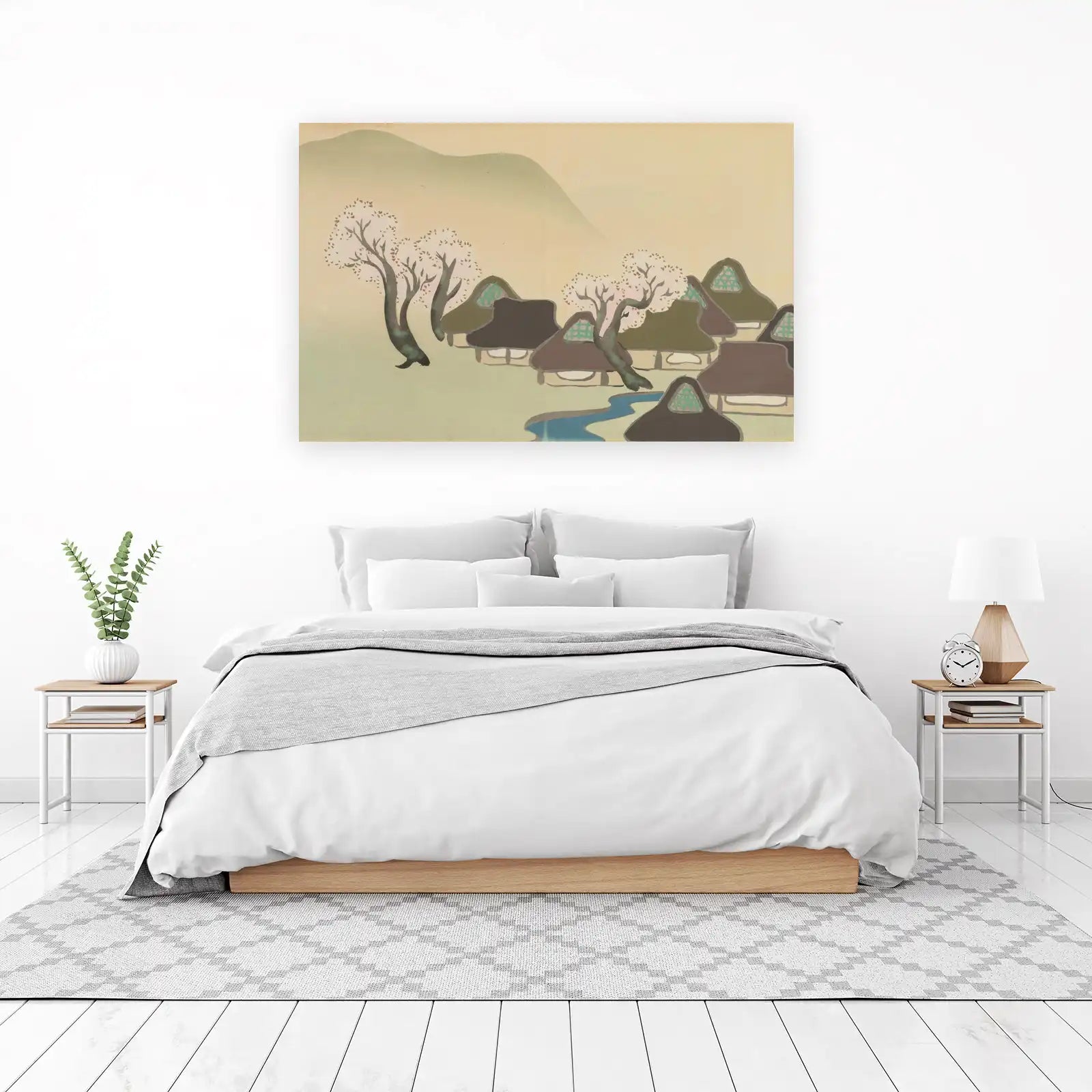 Serene Japanese Village Cherry Blossom Wall Art
