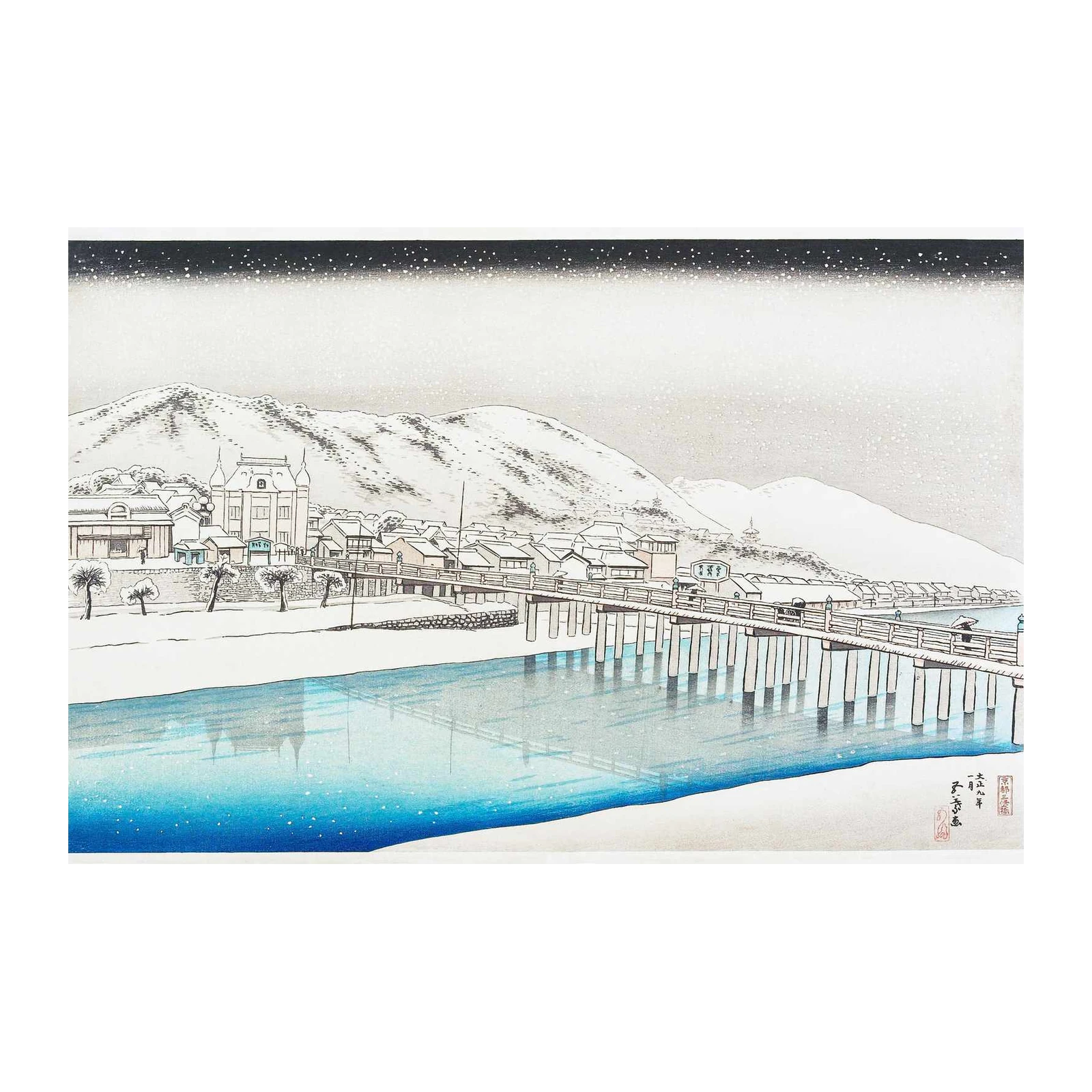 Serene Winter River Bridge Japanese Art Wall Art
