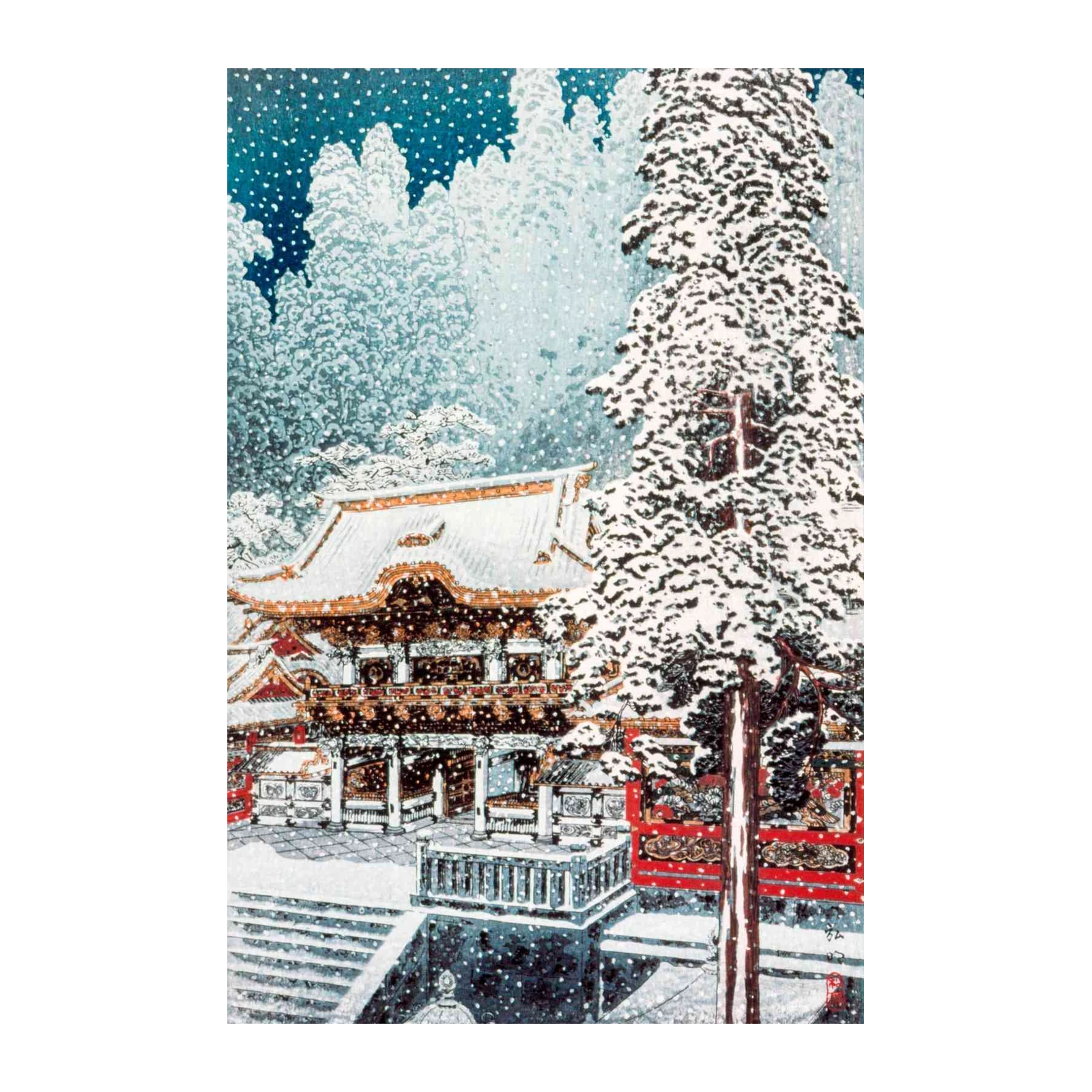 Serene Winter Shrine Japanese Woodblock Wall Art