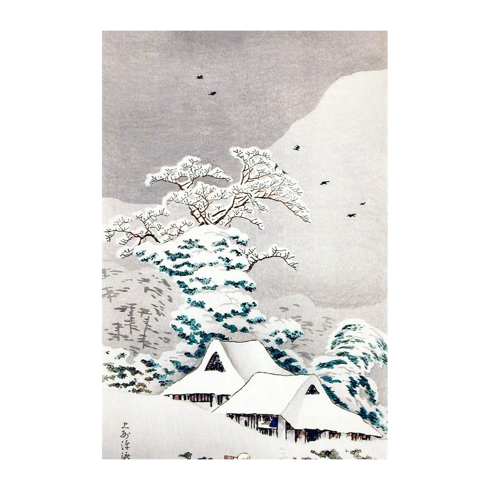 Serene Winter Village Japanese Woodblock Wall Art