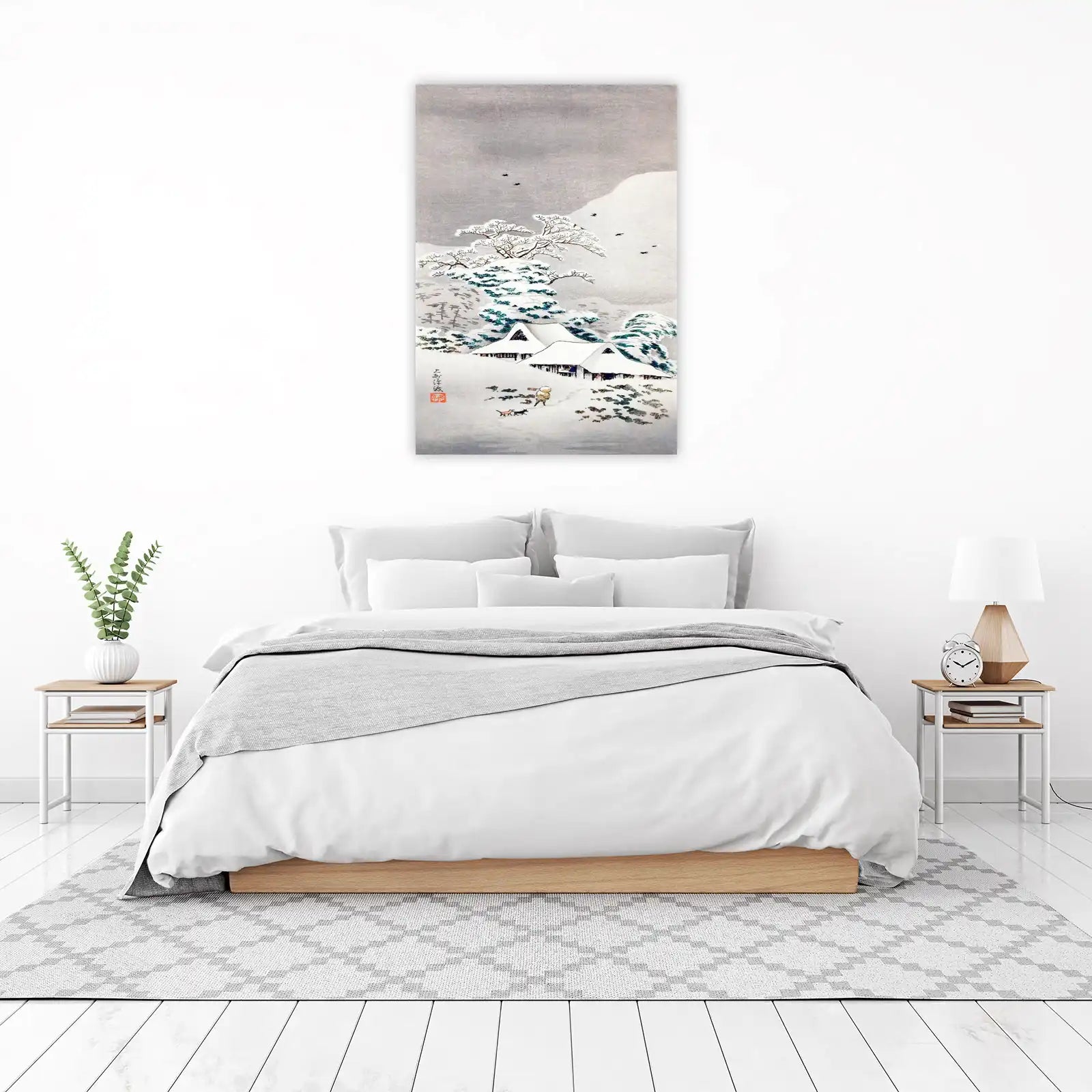 Serene Winter Village Japanese Woodblock Wall Art