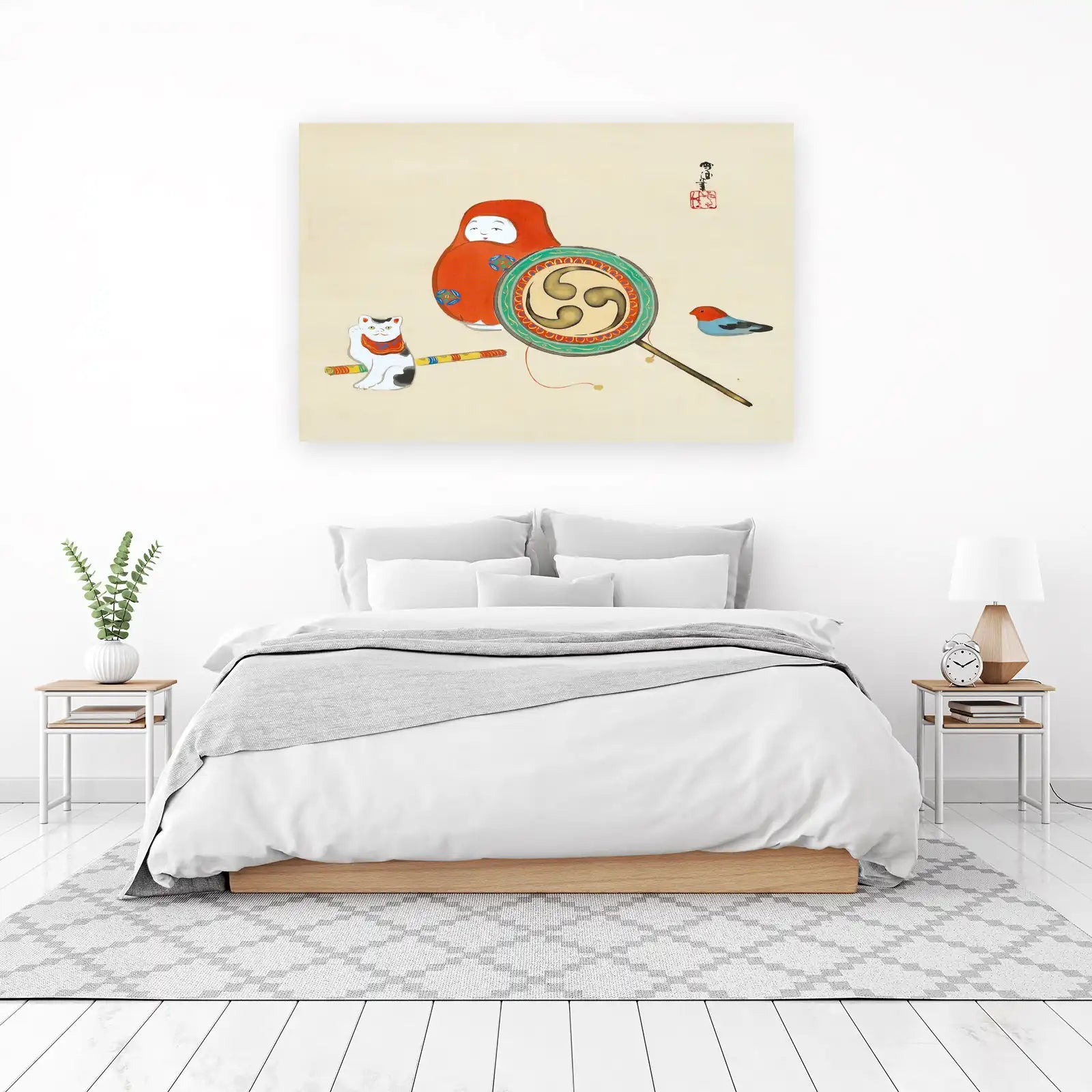Japanese Lucky Charm Daruma Cat Bird Wall Art