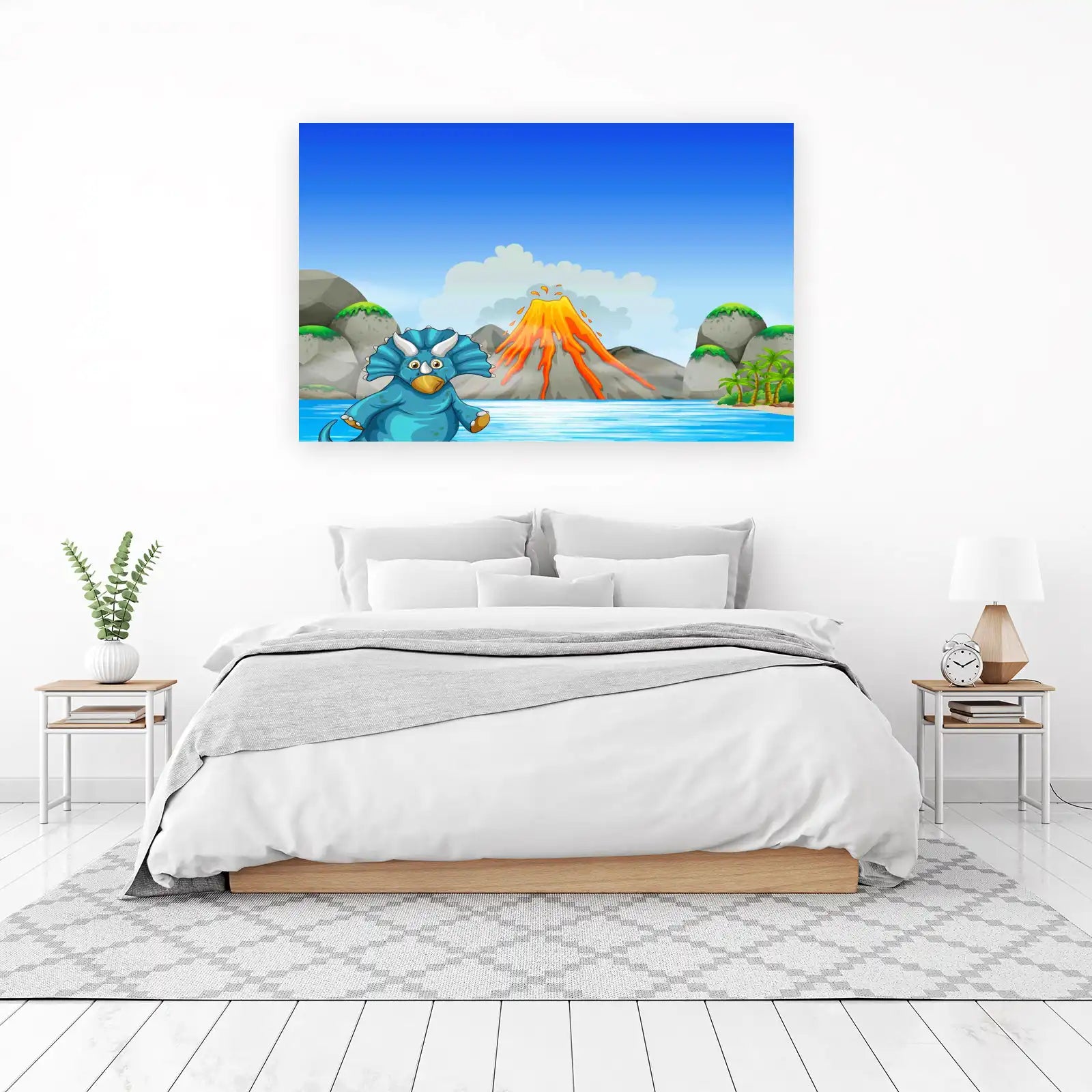 Cute Blue Triceratops Volcano Beach Wall Art