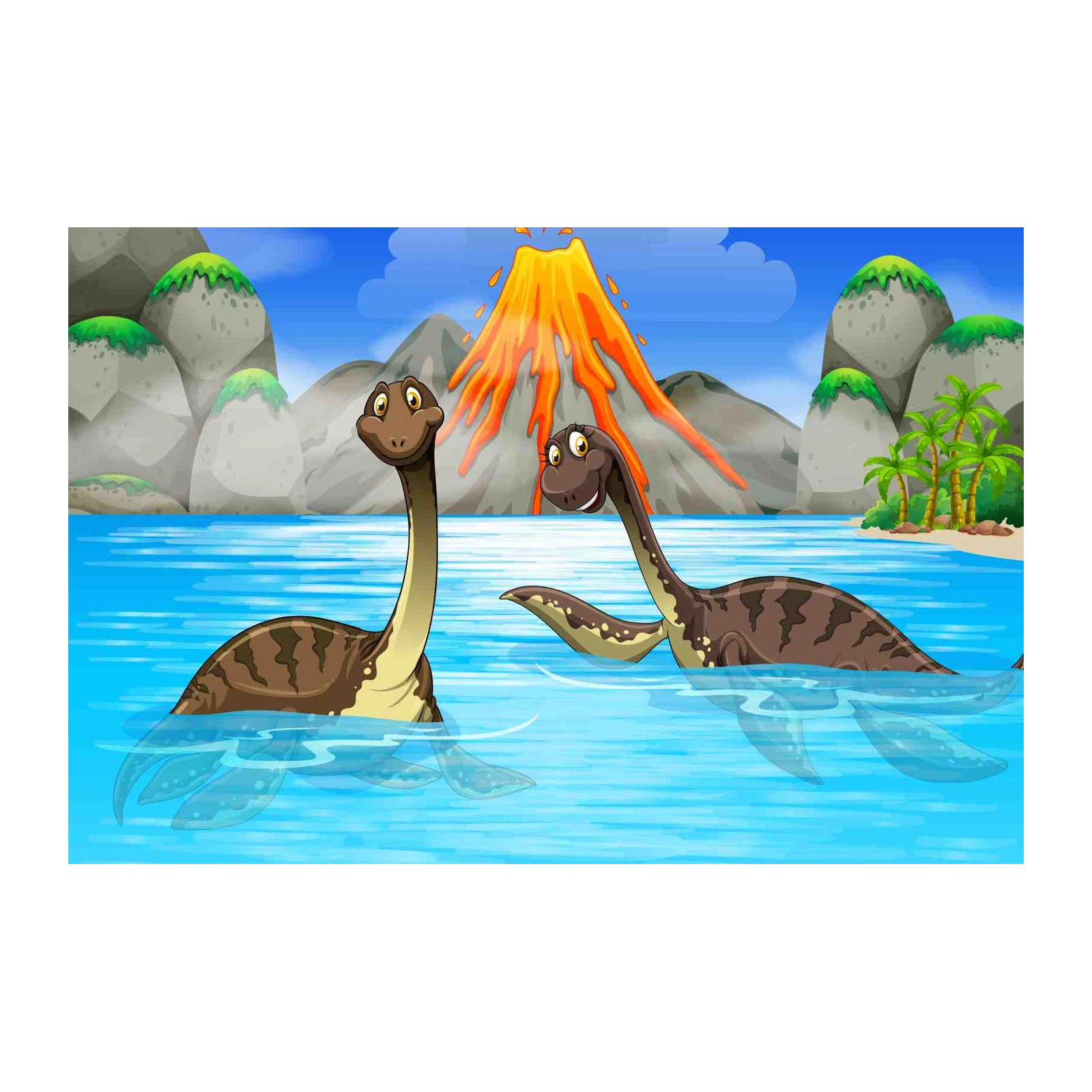 Playful Dinosaurs Volcano Ocean Wall Art