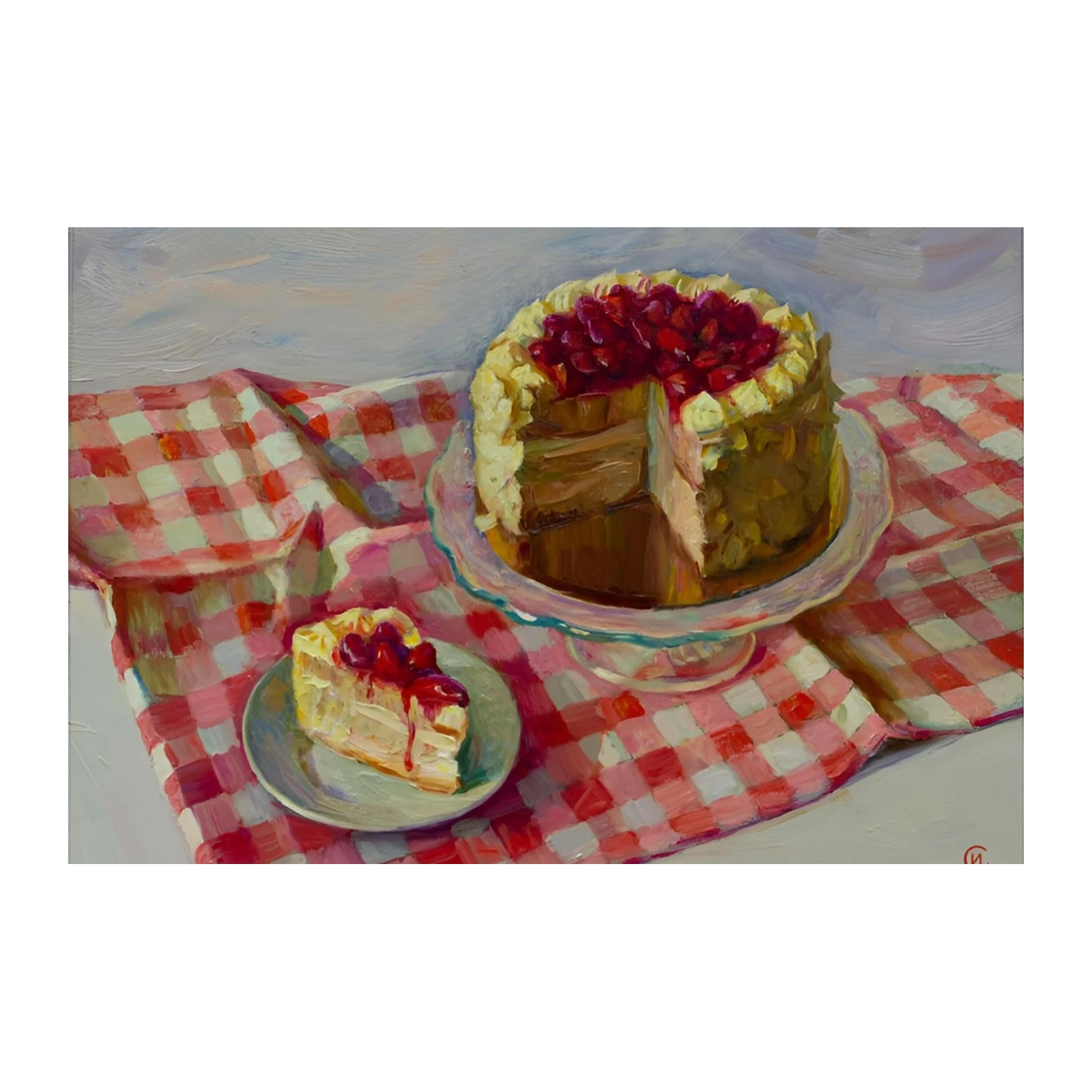 Cherry Cake Delight Oil Painting Wall Art