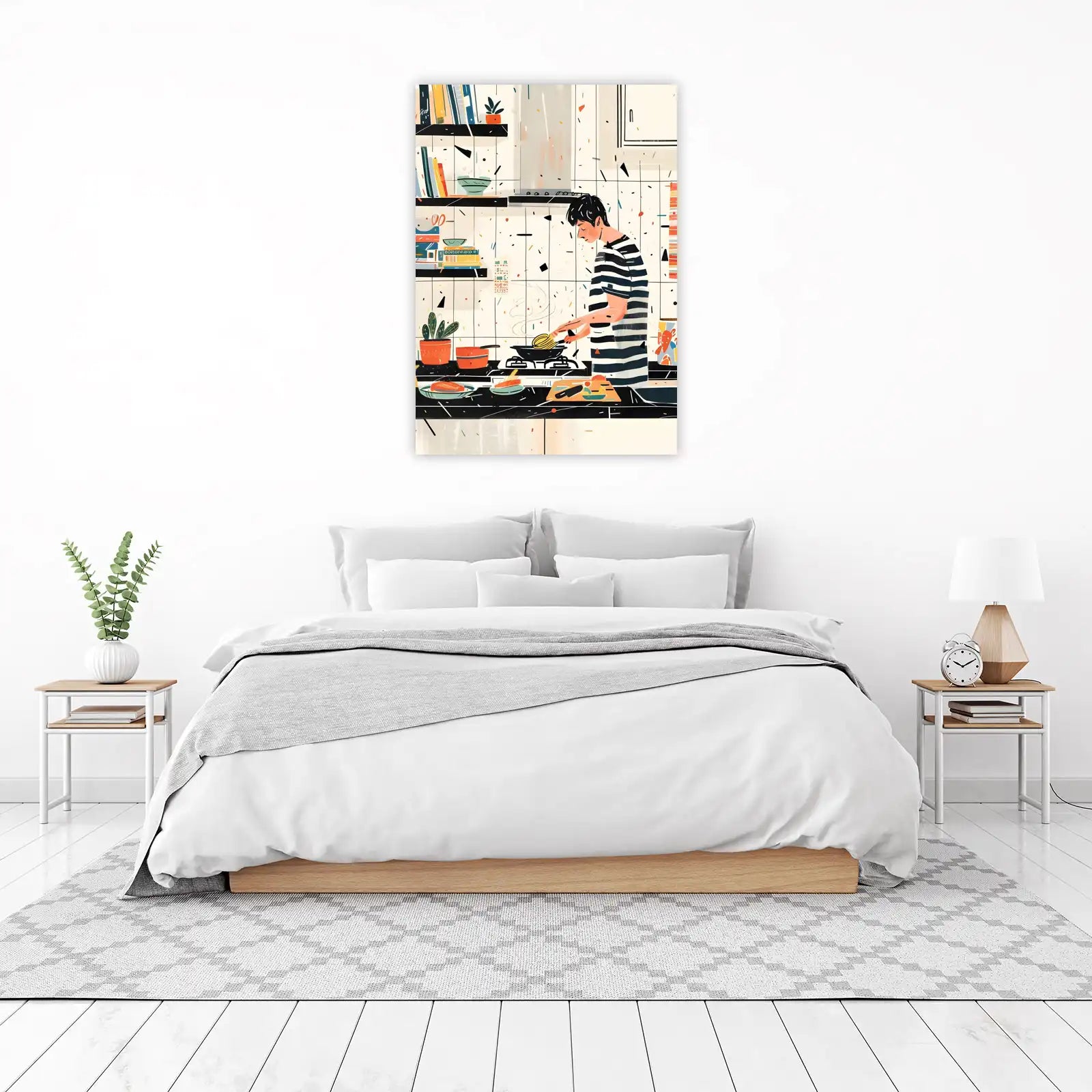 Cozy Kitchen Scene Striped Shirt Wall Art
