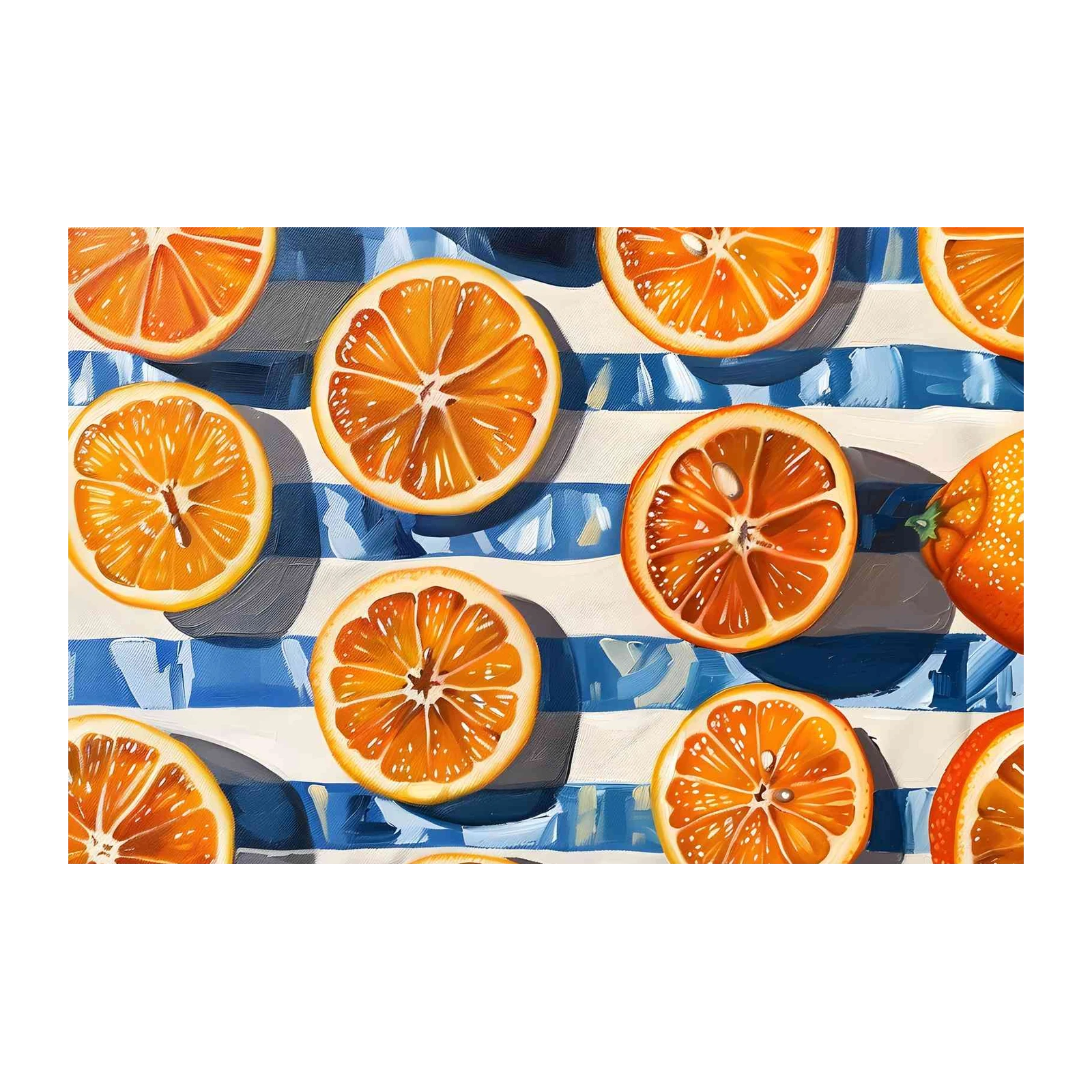 Vibrant Orange Slices on Blue Stripes Wall Art