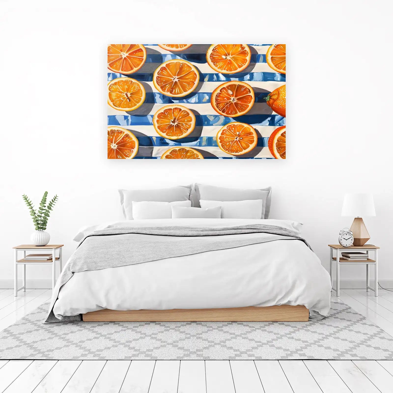 Vibrant Orange Slices on Blue Stripes Wall Art