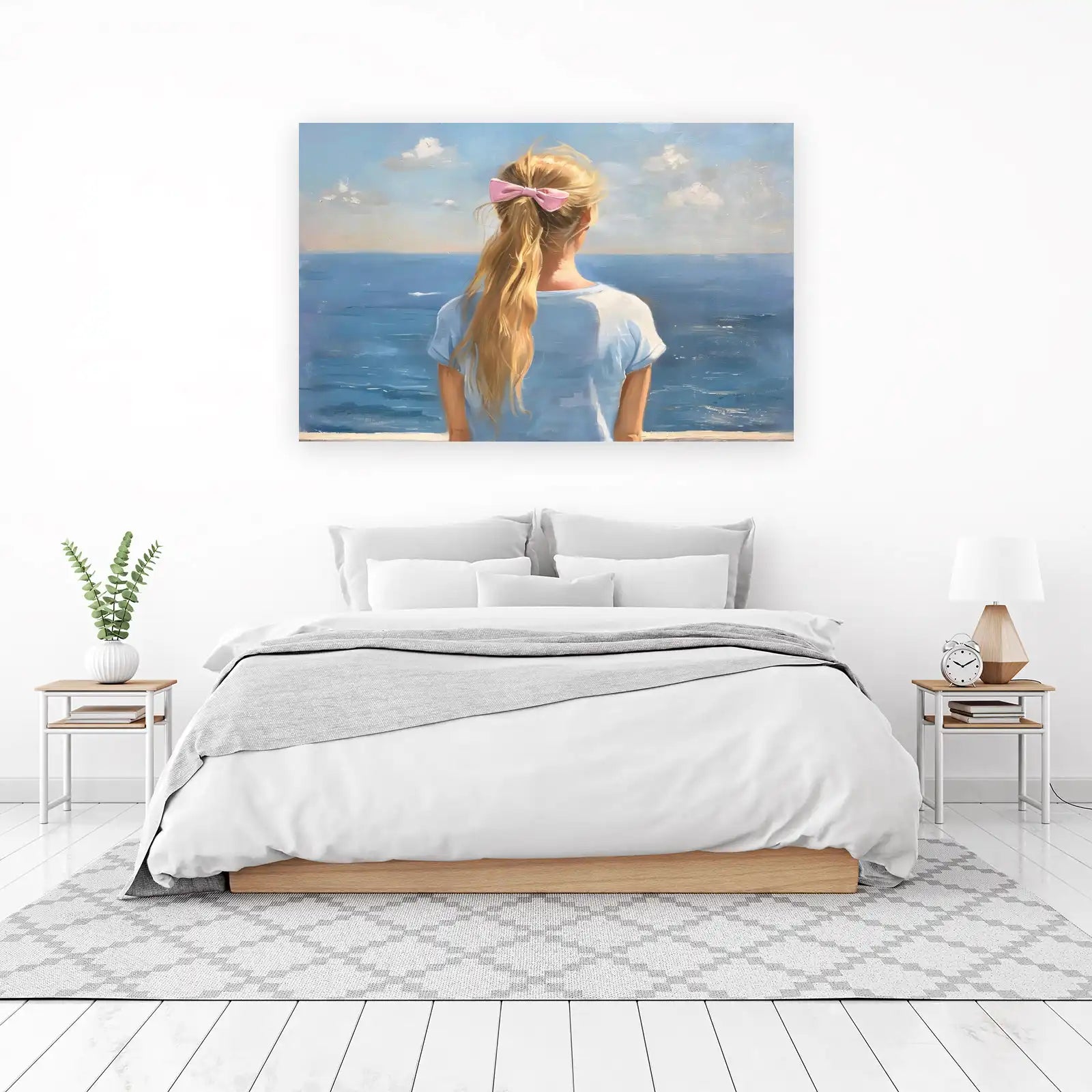 Girl with Pink Bow Ocean View Wall Art