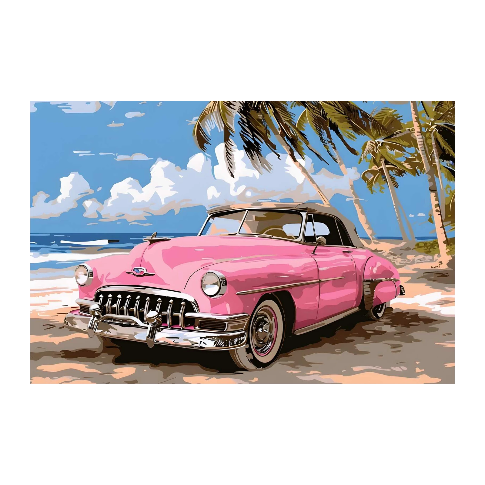 Retro Pink Convertible Beach Scene Wall Art