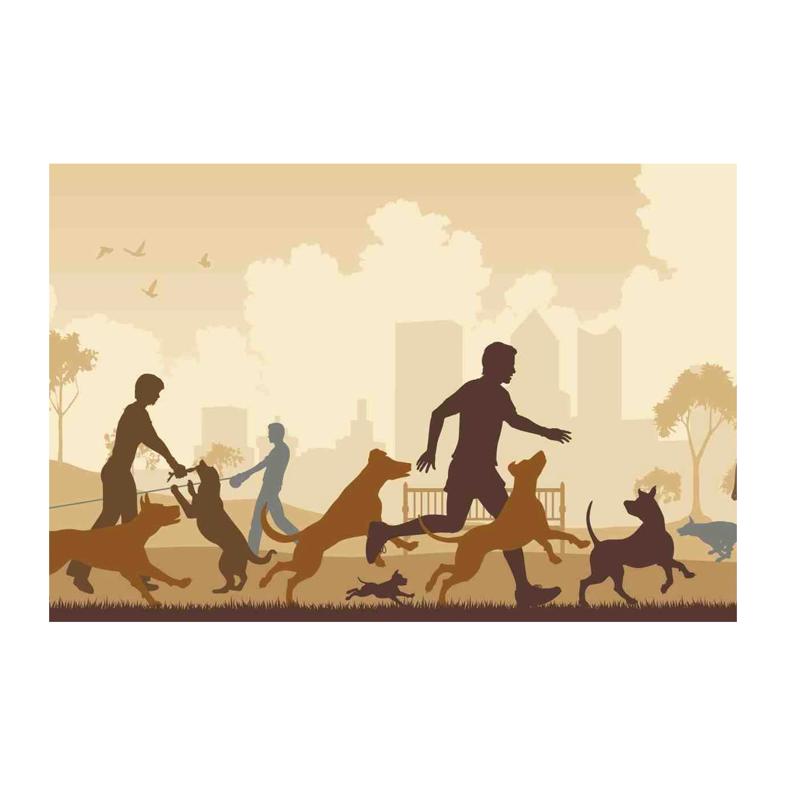 Joyful Dog Walkers Park Scene Wall Art