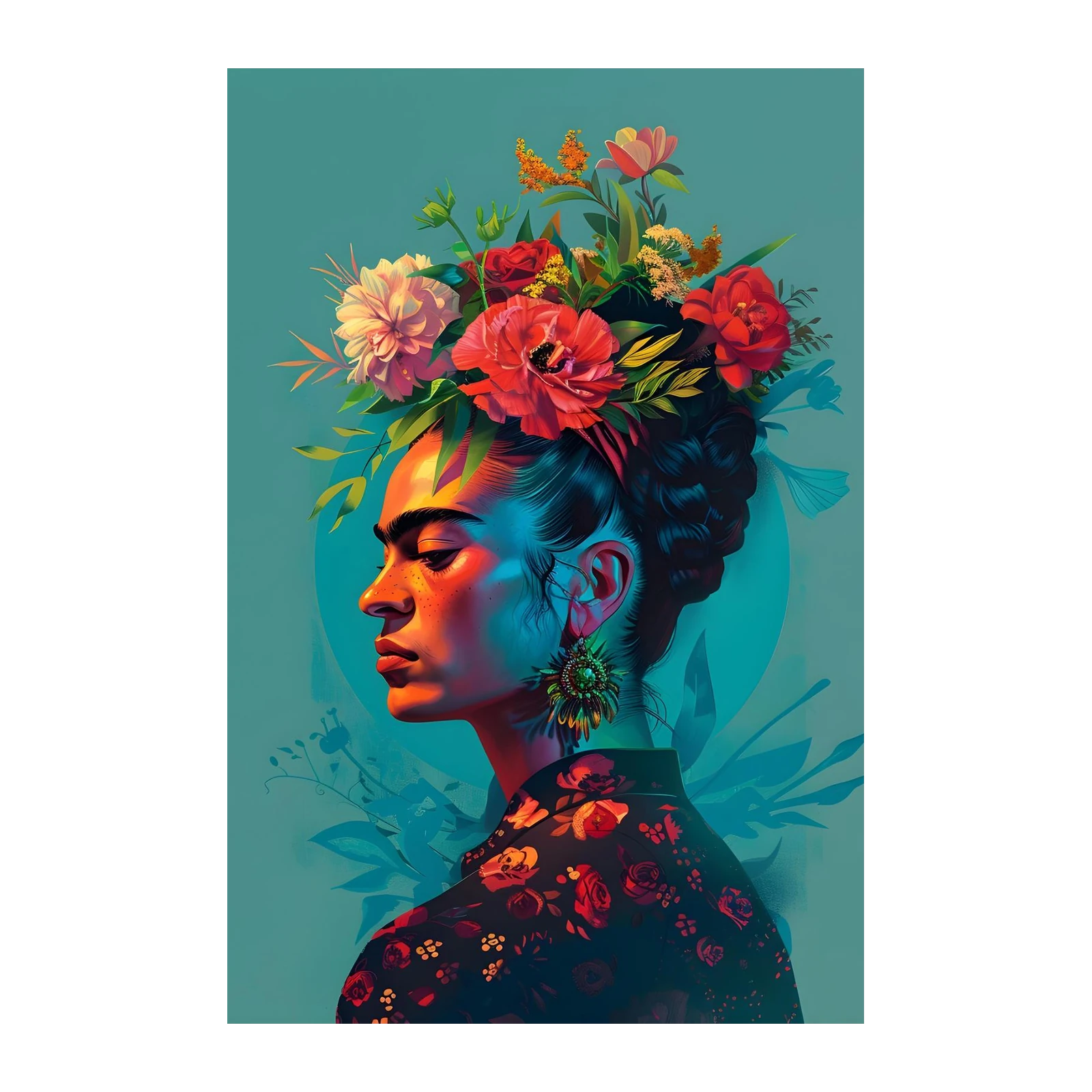 Vibrant Frida Kahlo Floral Crown Wall Art