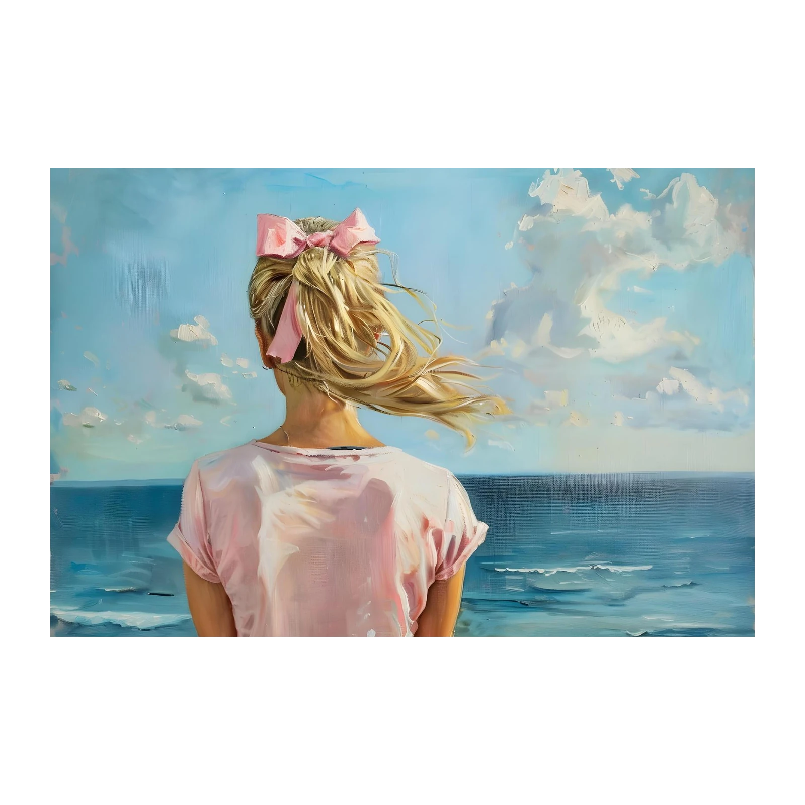Serene Beach Girl with Pink Bow Wall Art