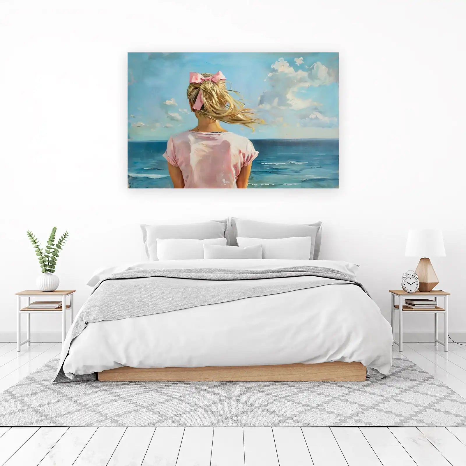 Serene Beach Girl with Pink Bow Wall Art
